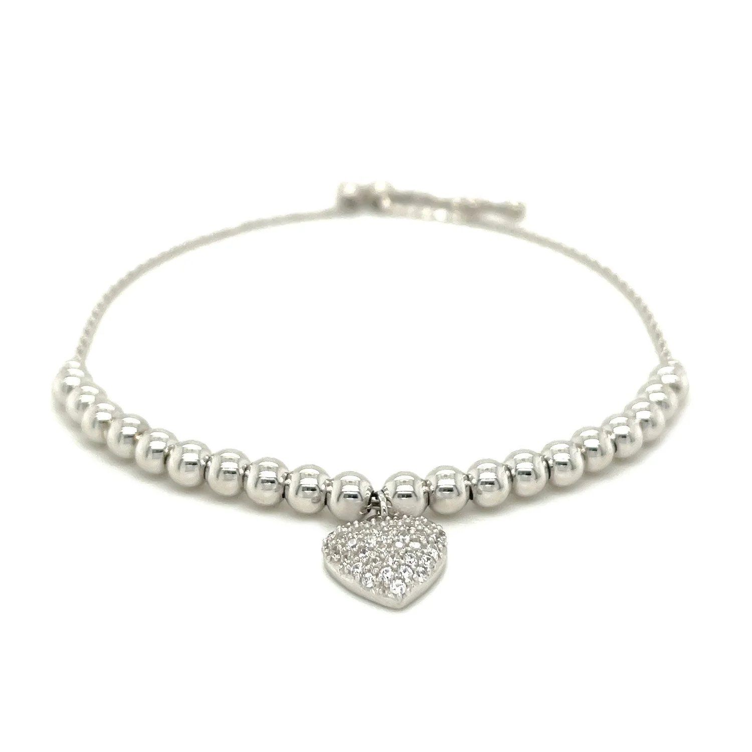 Adjustable Bead Bracelet with Round Charm and Cubic Zirconias in Sterling Silver - Image 2