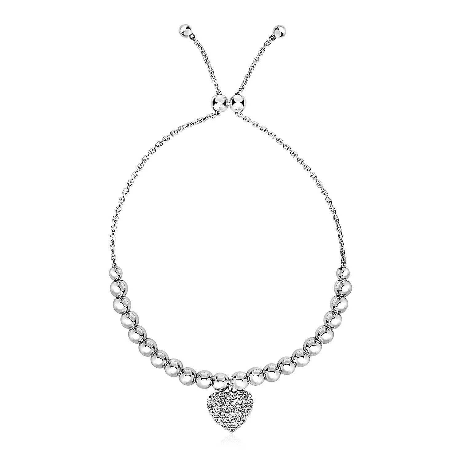 Adjustable Bead Bracelet with Round Charm and Cubic Zirconias in Sterling Silver - Image 5