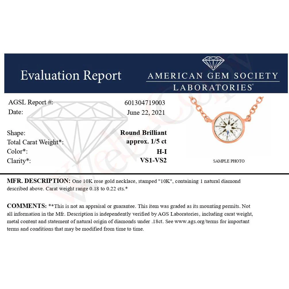 AGS Certified 10K Rose Gold 1/5 Cttw Bezel Set Round Diamond Solitaire 16-18" Adjustable Pendant Necklace (H-I Color, VS1-VS2 Clarity) - Image 10
