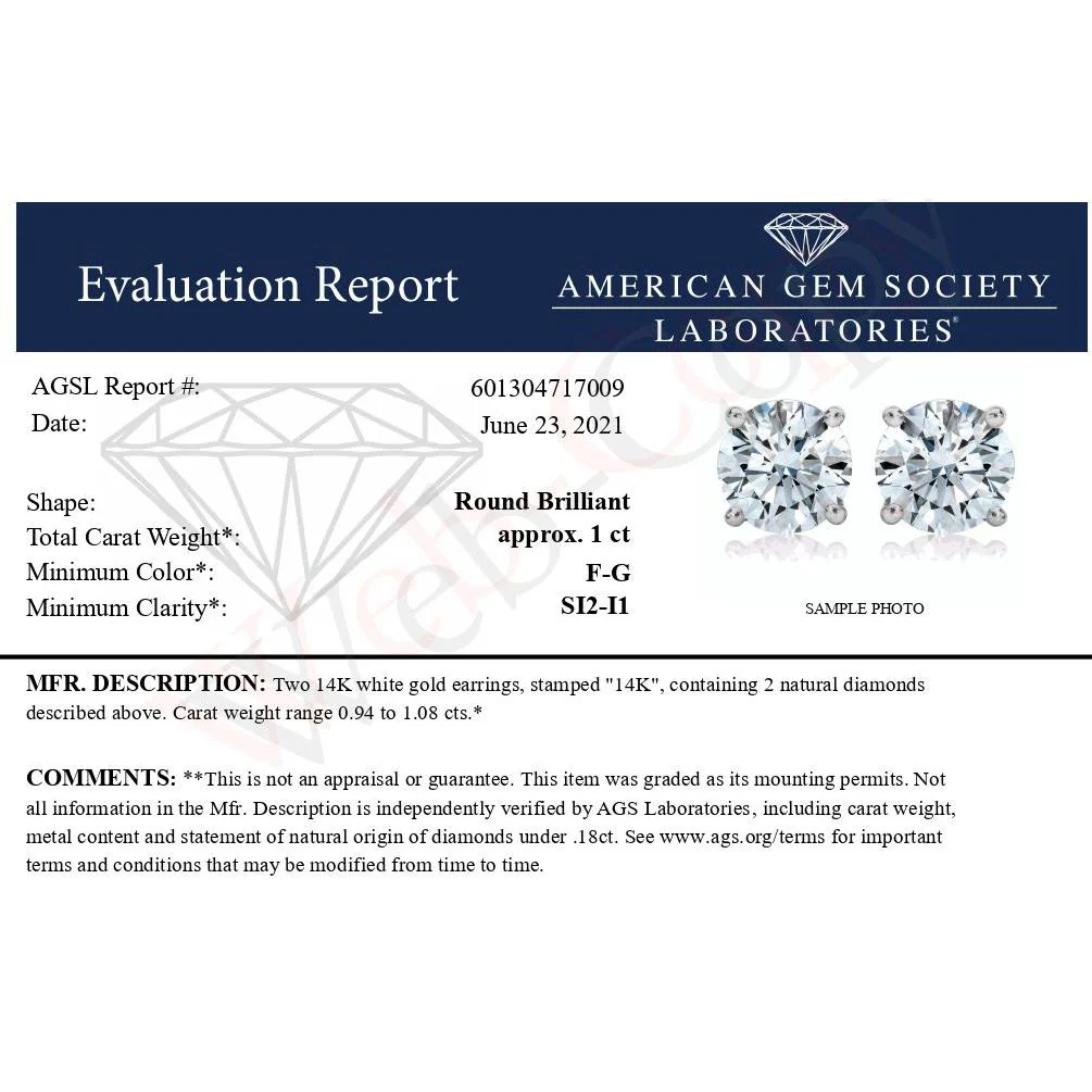 AGS Certified 14K White Gold 1.0 Cttw 4-Prong Set Brilliant Round-Cut Solitaire Diamond Push Back Stud Earrings (F-G Color, SI2-I1 Clarity) - Image 8