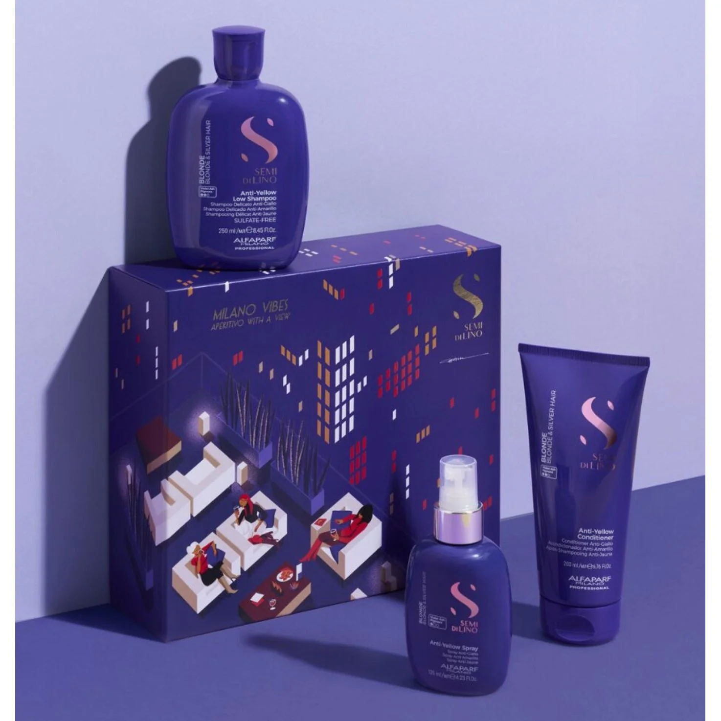 Alfaparf Milano Semi Di Lino Gift Set for Blonde and Silver Hair - Anti-Yellow Sulfate Free Shampoo, Conditioner and Leave-In Spray Toner - Neutralizes Unwanted Yellow Tones