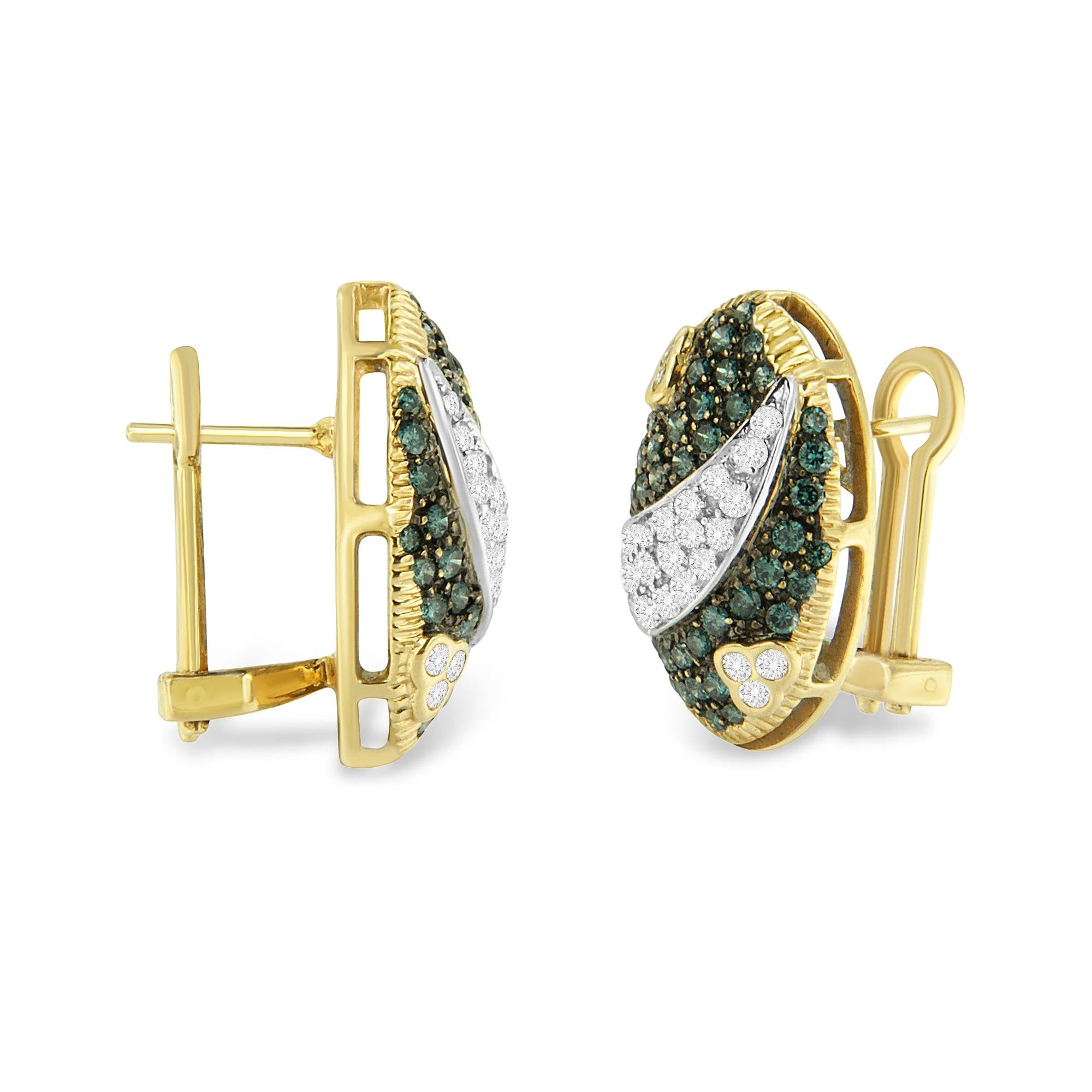 Black and White Rhodium over 14K Yellow Gold 2-1/10 Cttw White and Blue Diamond Oval Omega Back Stud Earrings (H-I and Blue Color, SI1-SI2 Clarity) - Image 3