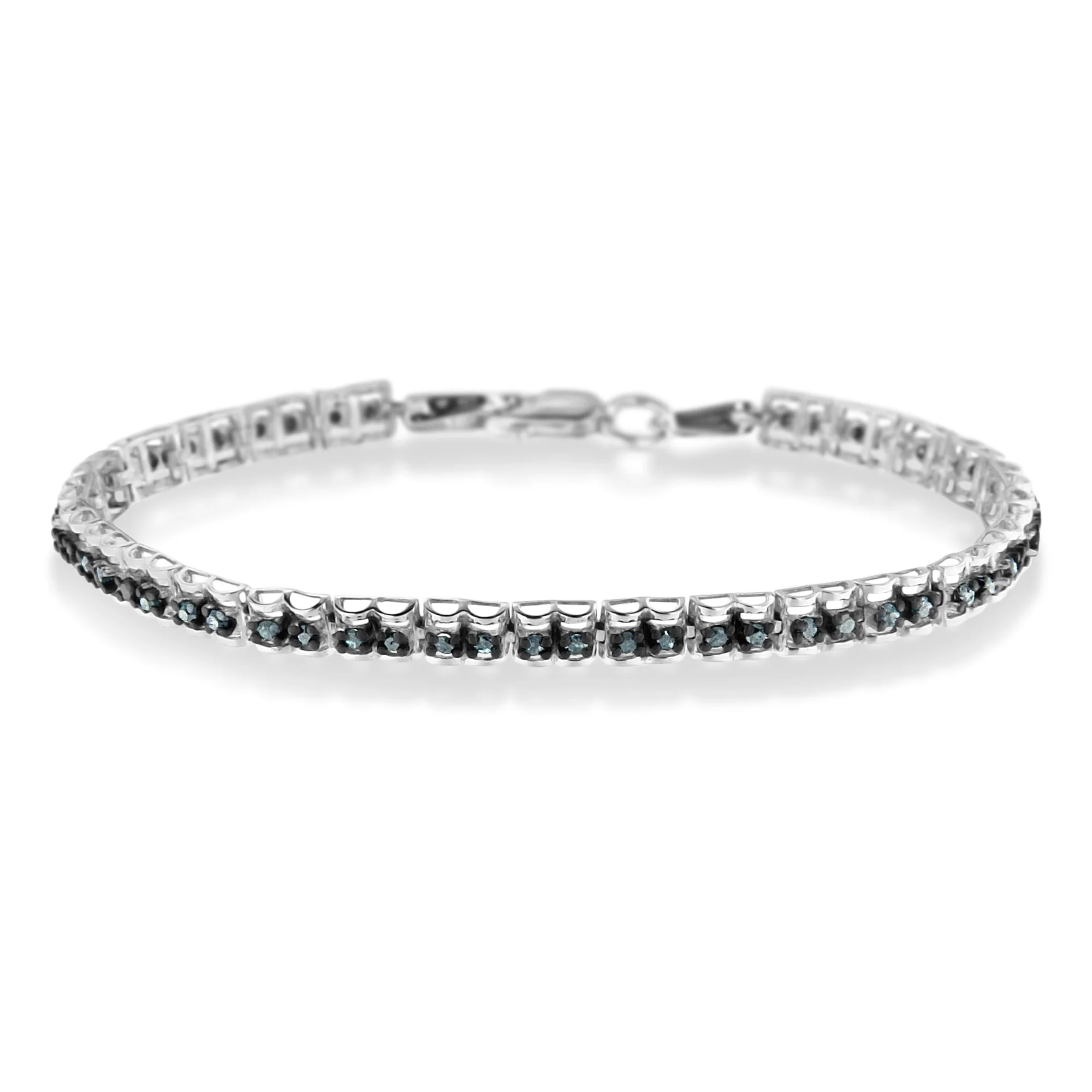 Black Rhodium over .925 Sterling Silver 1.0 Cttw Rose Cut Diamond Double-Link 7" Tennis Bracelet (Blue Color, I1-I2 Clarity) - Image 7