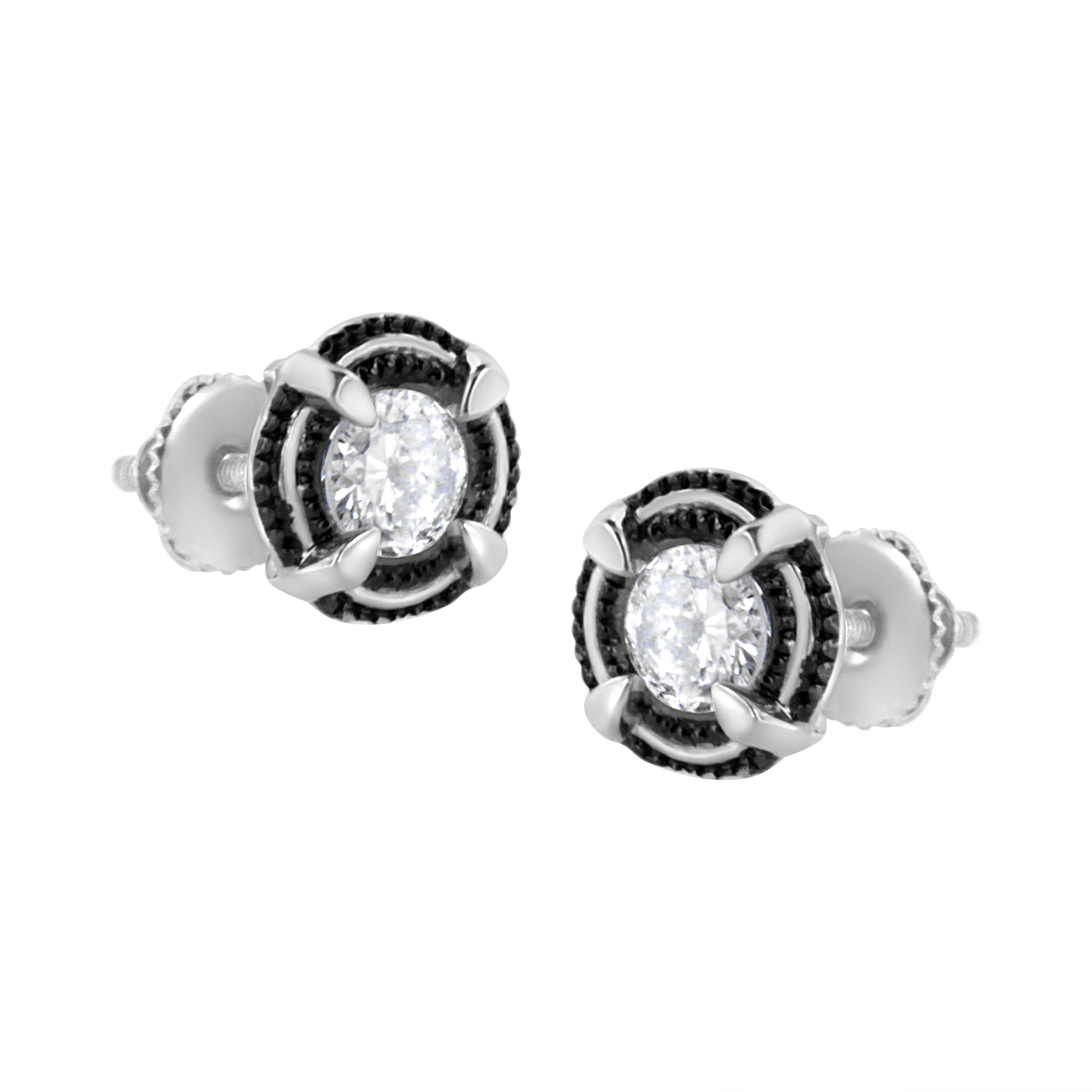Black Rhodium Plated .925 Sterling Silver Round 1-1/2 cttw Diamond Double Halo 4-Prong Solitaire Milgrain Stud Earrings (H-I Color, I2-I3 Clarity) - Image 2
