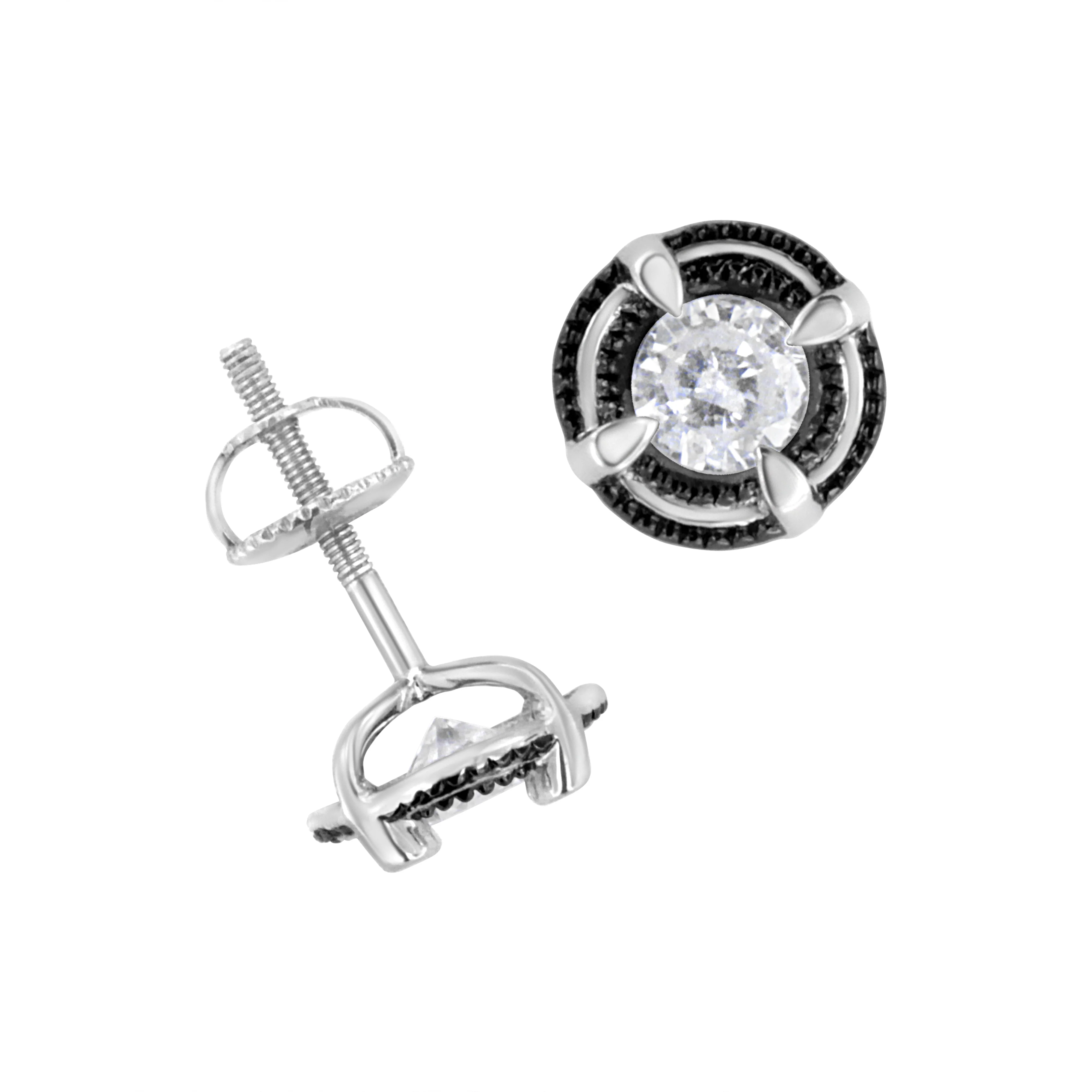 Black Rhodium Plated .925 Sterling Silver Round 1-1/2 cttw Diamond Double Halo 4-Prong Solitaire Milgrain Stud Earrings (H-I Color, I2-I3 Clarity) - Image 4