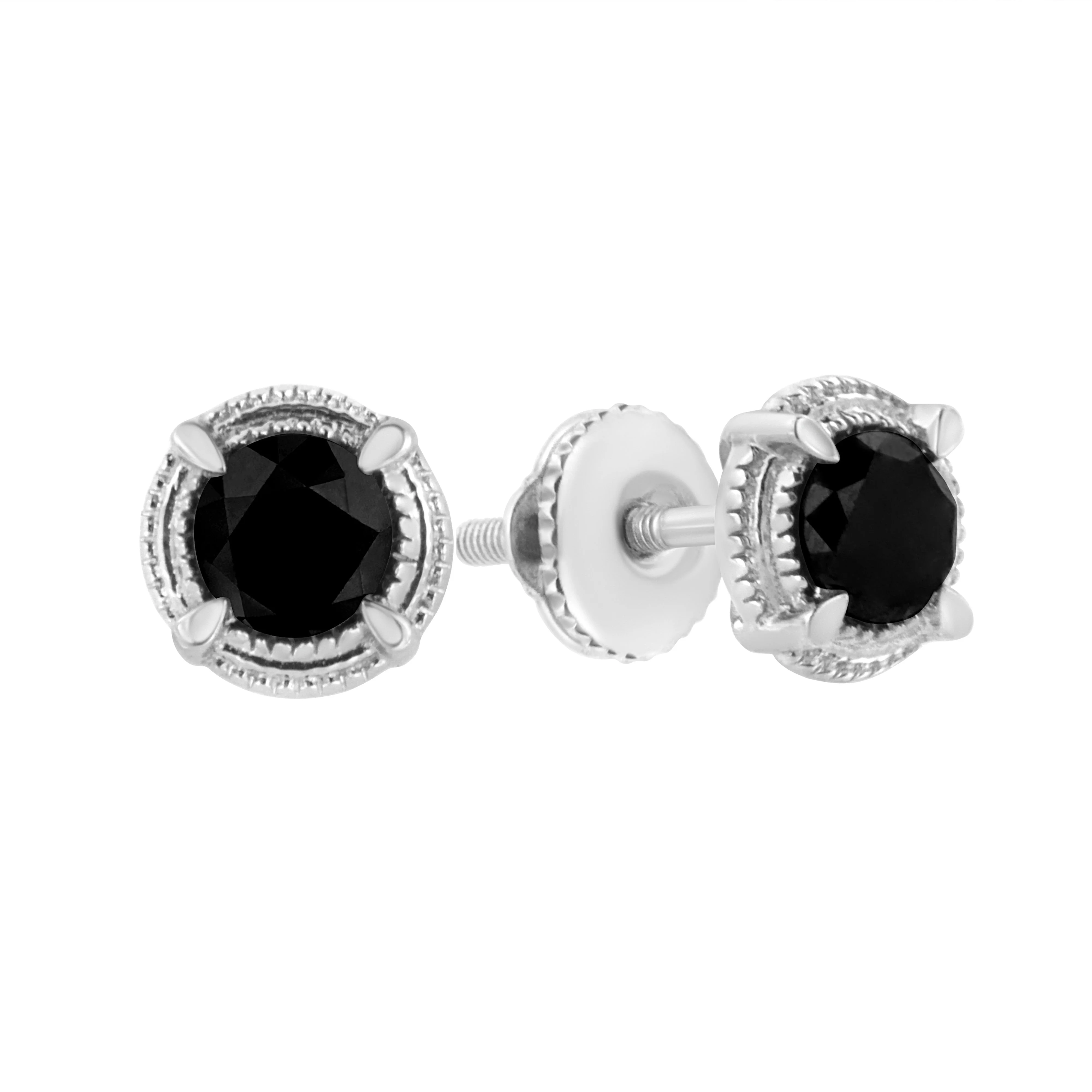 Black Rhodium Plated .925 Sterling Silver Round 1-1/2 cttw Diamond Double Halo 4-Prong Solitaire Milgrain Stud Earrings (H-I Color, I2-I3 Clarity) - Image 5
