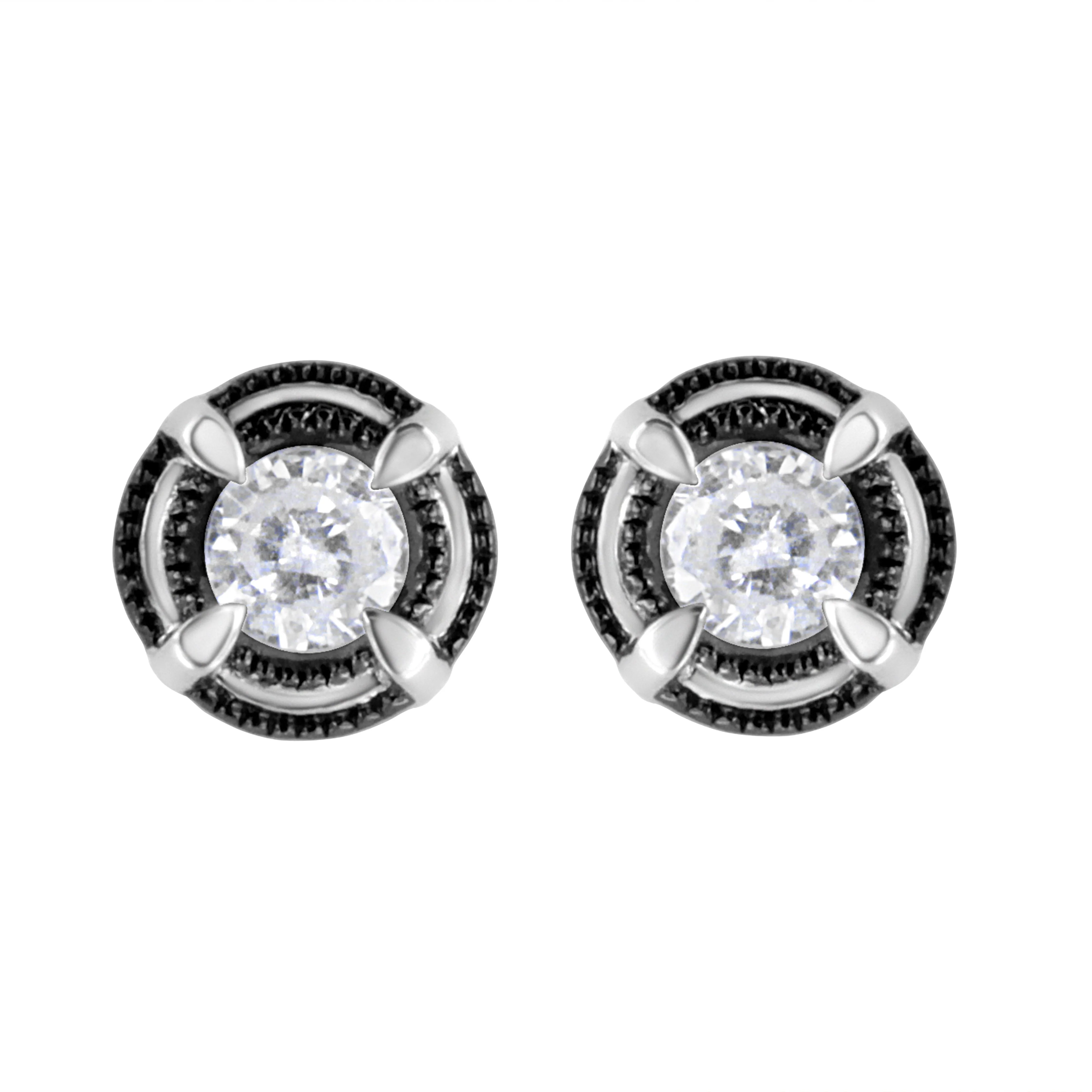 Black Rhodium Plated .925 Sterling Silver Round 1-1/2 cttw Diamond Double Halo 4-Prong Solitaire Milgrain Stud Earrings (H-I Color, I2-I3 Clarity) - Image 6