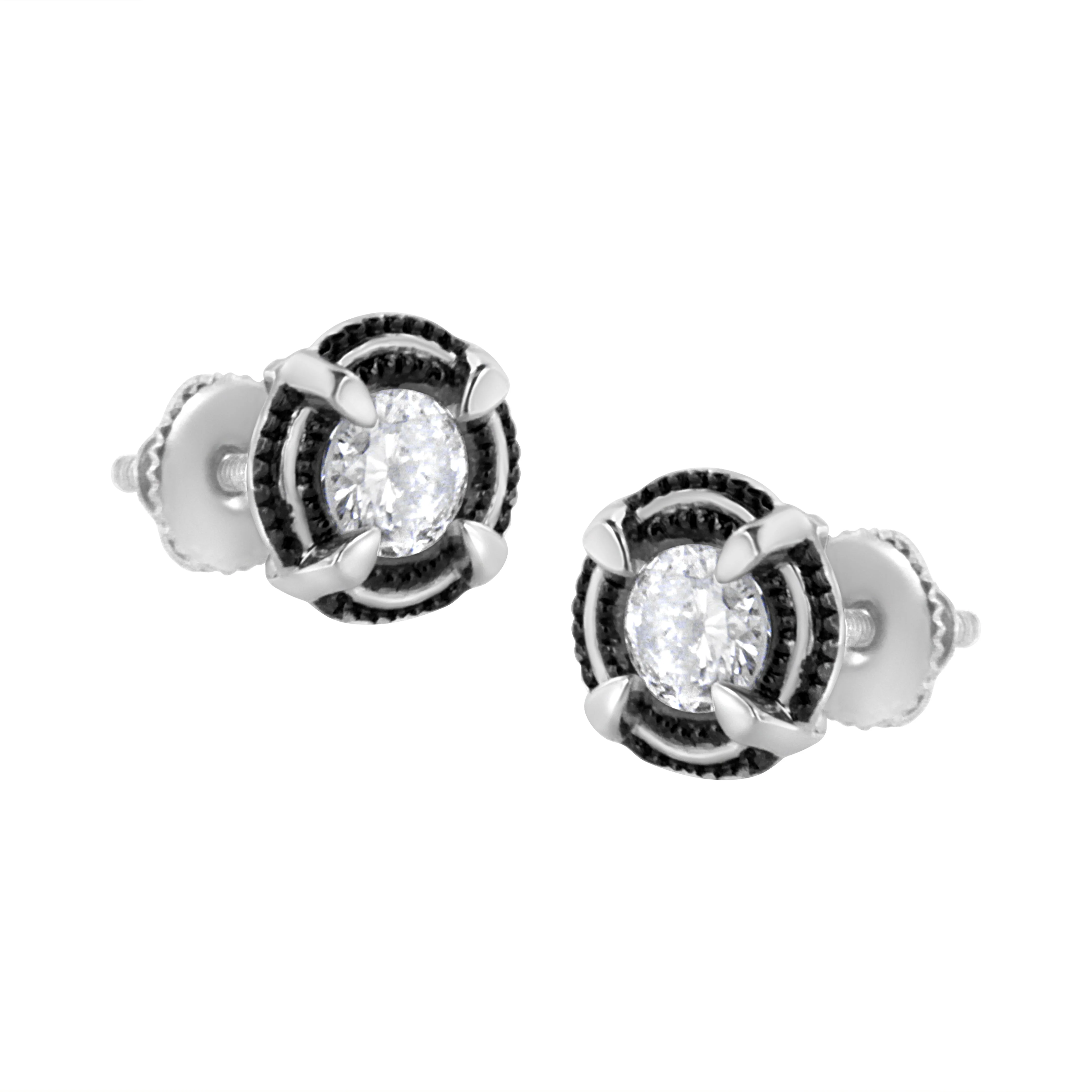 Black Rhodium Plated .925 Sterling Silver Round 1-1/2 cttw Diamond Double Halo 4-Prong Solitaire Milgrain Stud Earrings (H-I Color, I2-I3 Clarity) - Image 7
