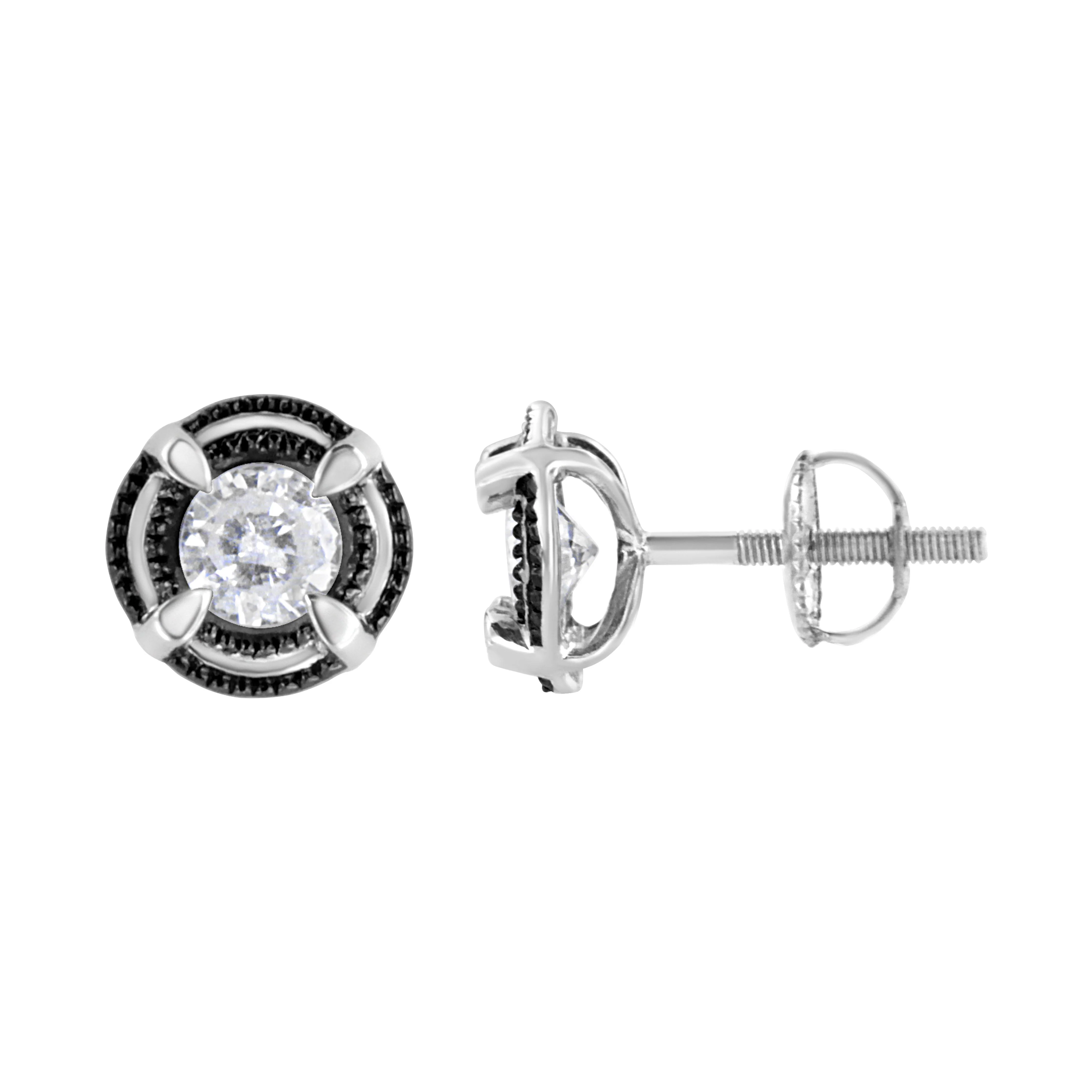 Black Rhodium Plated .925 Sterling Silver Round 1-1/2 cttw Diamond Double Halo 4-Prong Solitaire Milgrain Stud Earrings (H-I Color, I2-I3 Clarity) - Image 8