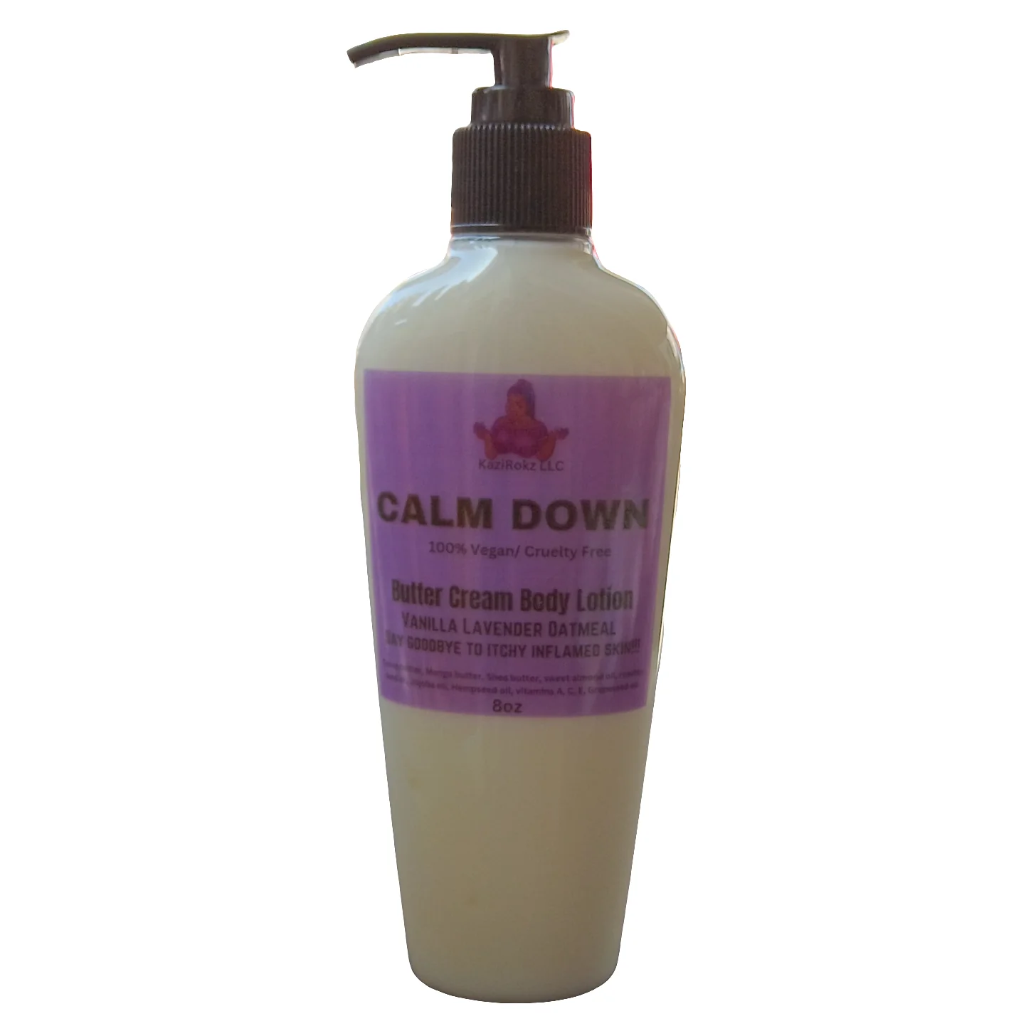 CALM DOWN Butter Cream Body Lotion! Vanilla Lavender Oatmeal soothing Eczema and Extreme dry skin moisturizer. 100% Vegan/ Cruelty Free, 8oz Pump Bottle.