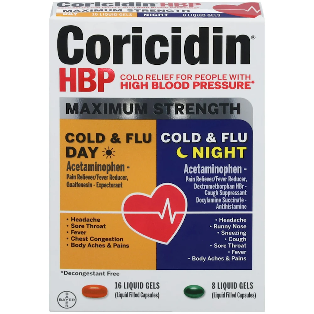 Coricidin HBP Cold & Flu Day & Night Relief, 24 Liquid Gels (Decongestant-Free)