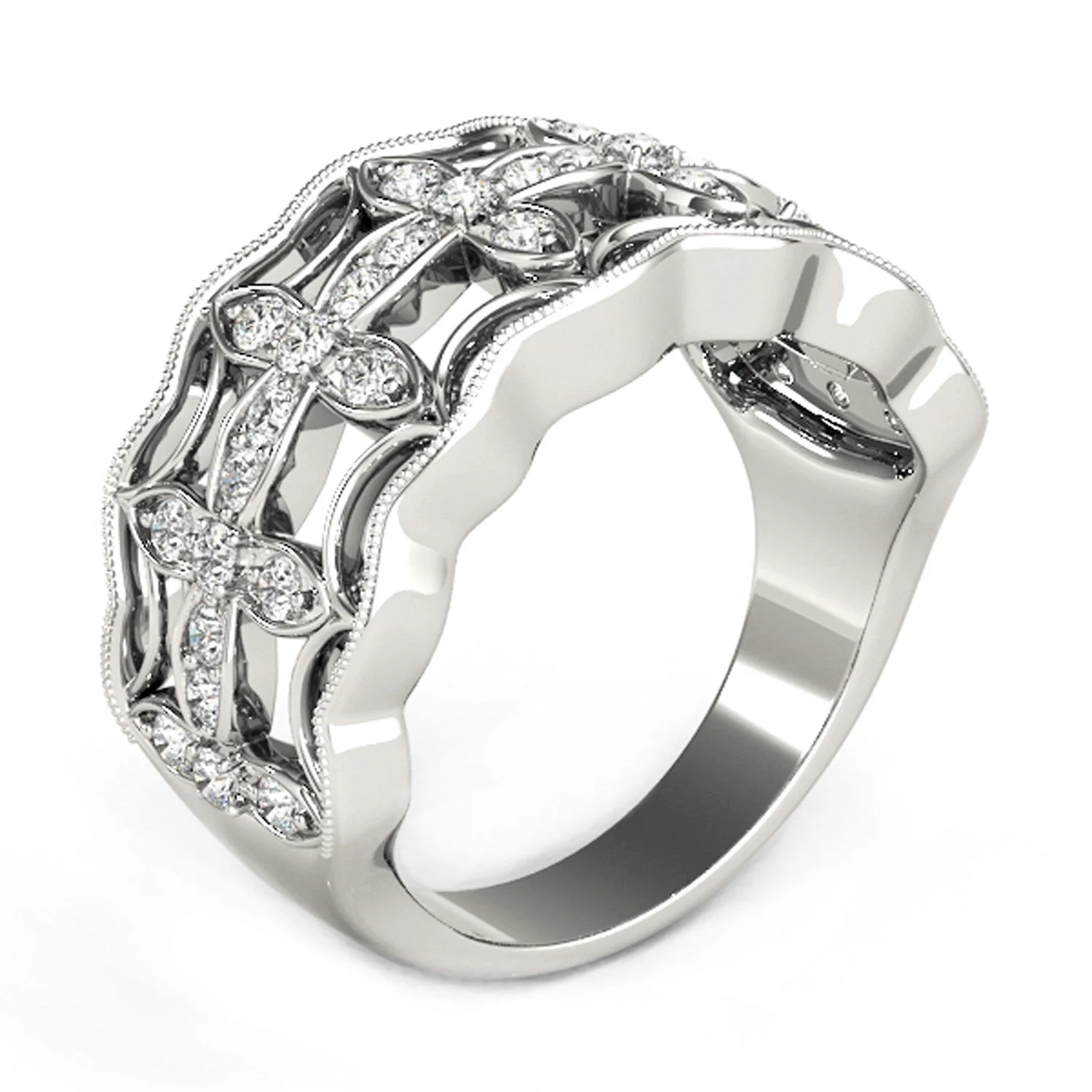 Diamond Studded Four Leaf Clover Motif Ring in 14k White Gold (1/4 cttw) - Image 8