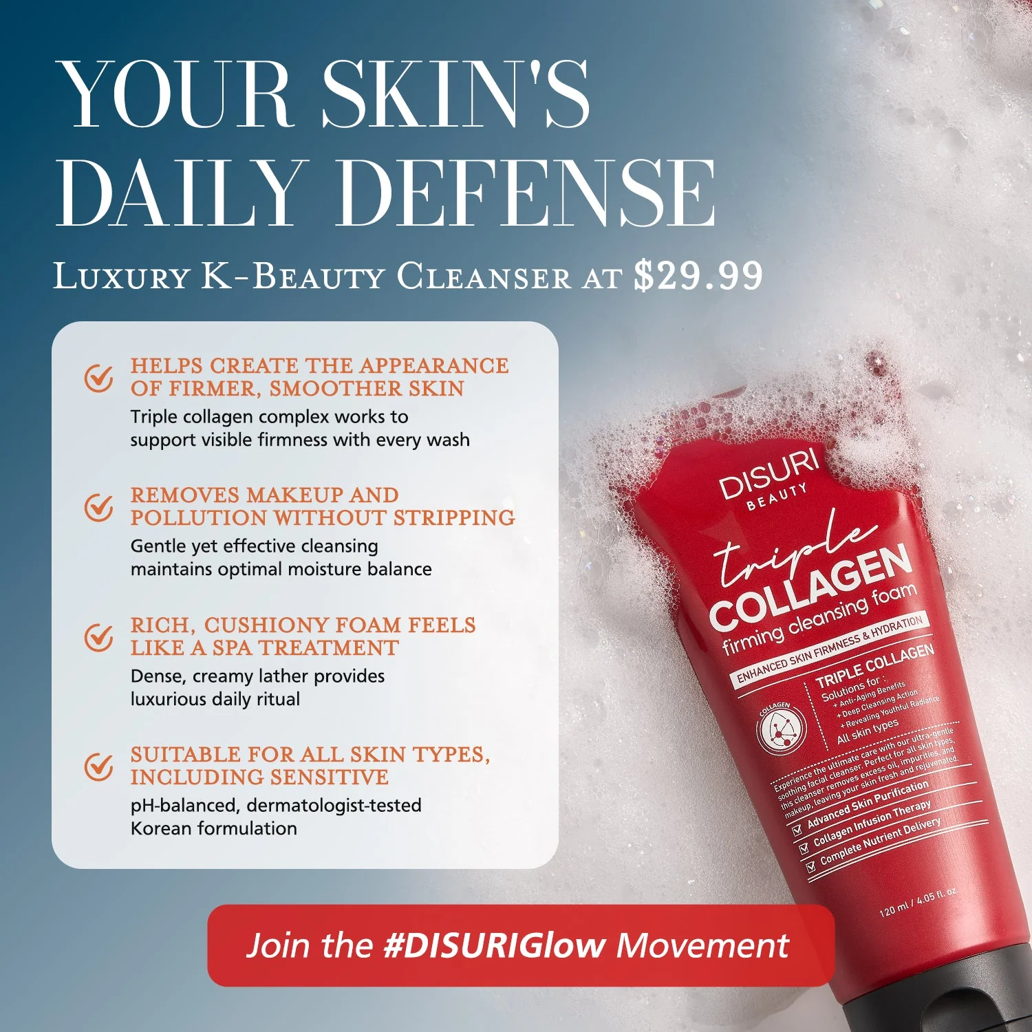 DISURI Triple Collagen Firming Foam - Korean Anti-Aging Cleanser with 3,000ppm Collagen Complex - Image 2