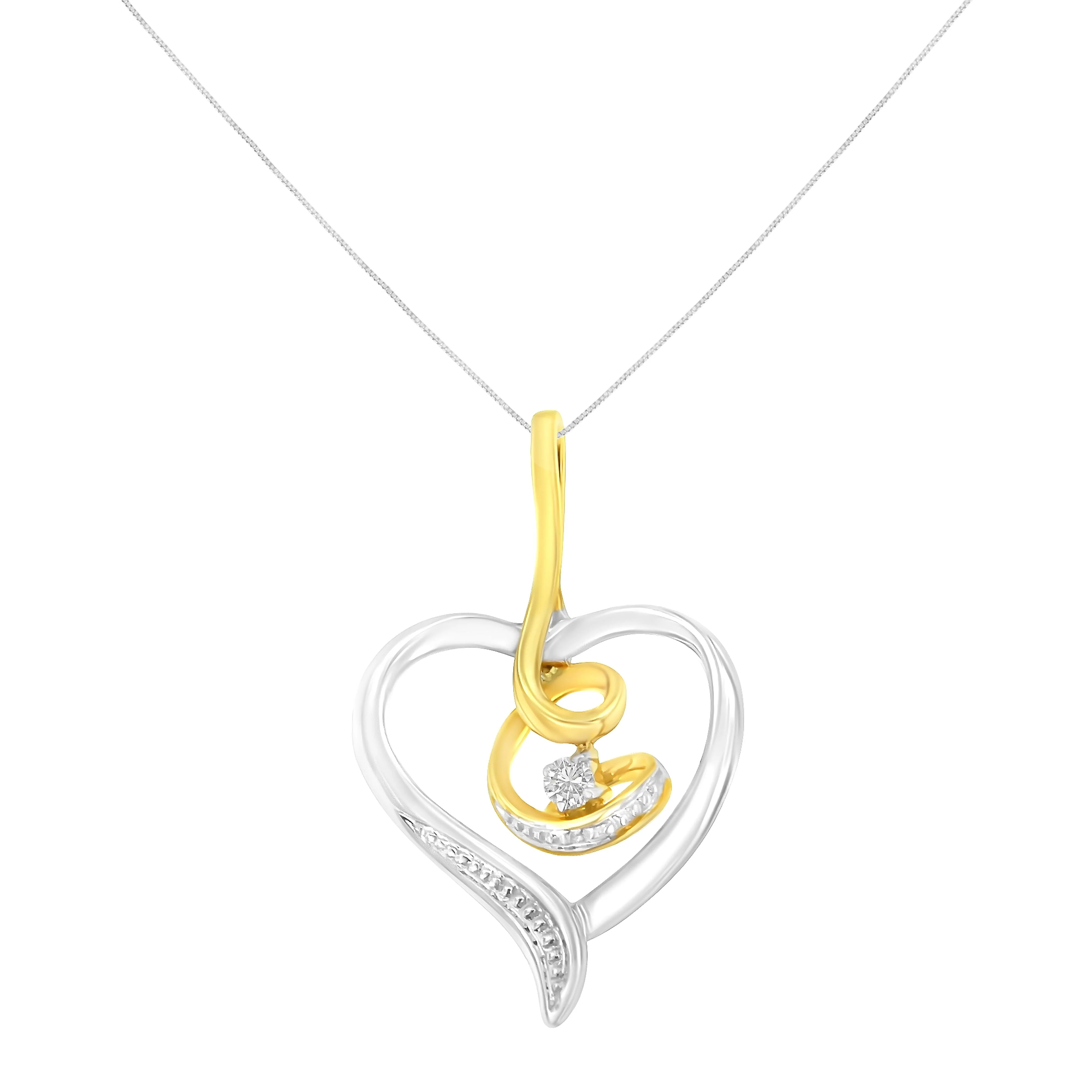 Espira 10K Two-Tone Yellow & White Gold .03 Cttw Diamond-Accented Round-Cut Diamond Swirl Open Heart 18" Pendant Necklace (I-J Color, I2-I3 Clarity) - Image 2