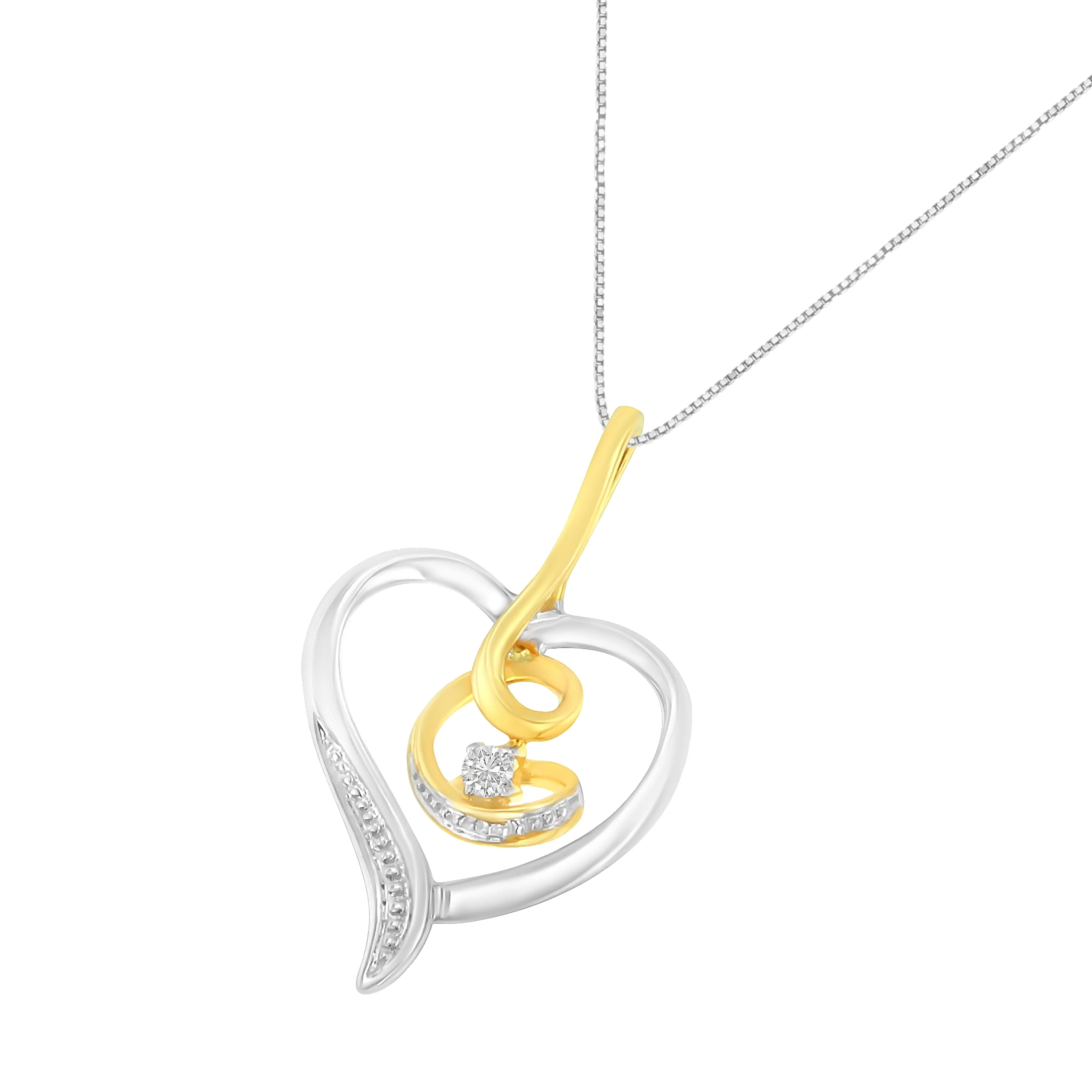 Espira 10K Two-Tone Yellow & White Gold .03 Cttw Diamond-Accented Round-Cut Diamond Swirl Open Heart 18" Pendant Necklace (I-J Color, I2-I3 Clarity) - Image 3