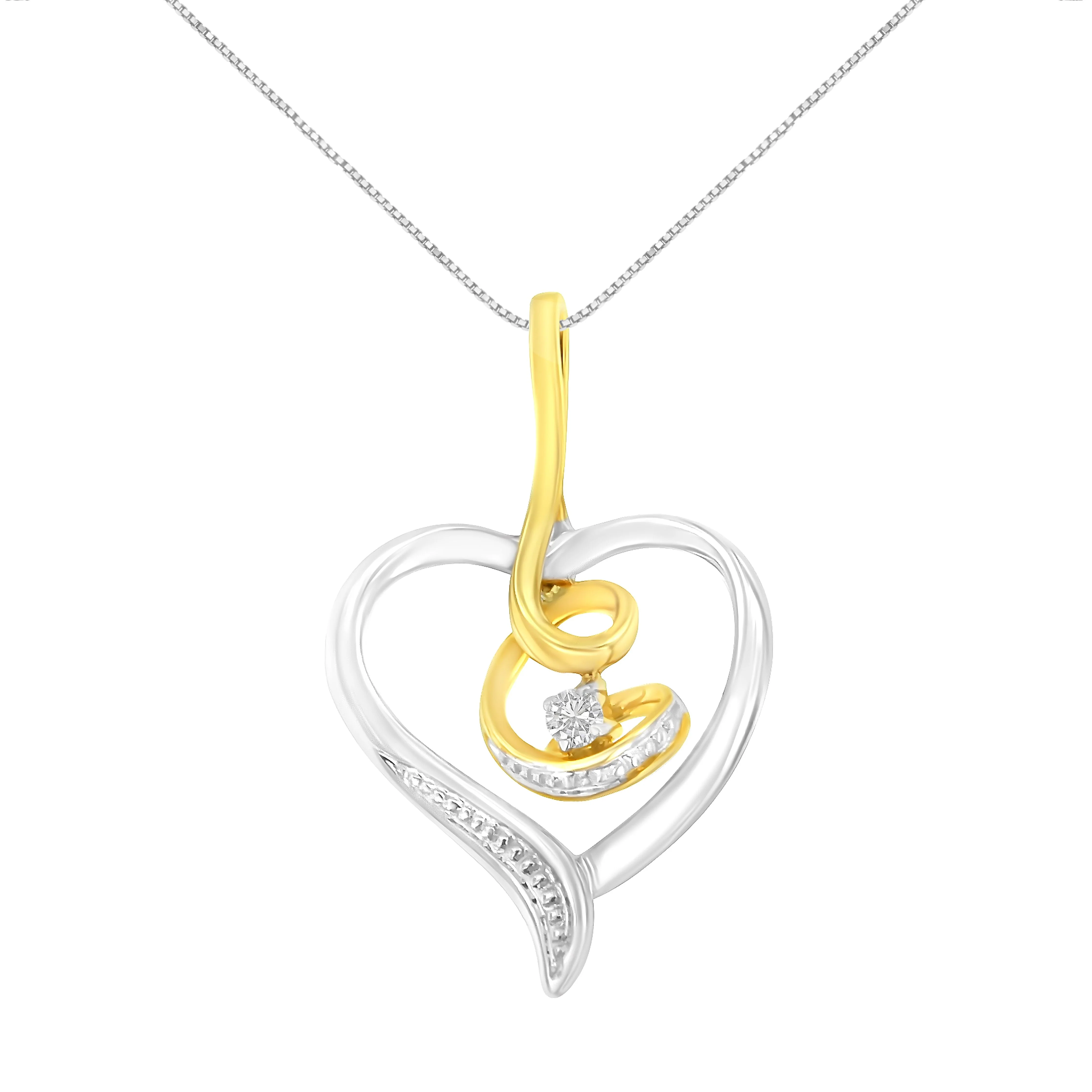 Espira 10K Two-Tone Yellow & White Gold .03 Cttw Diamond-Accented Round-Cut Diamond Swirl Open Heart 18" Pendant Necklace (I-J Color, I2-I3 Clarity) - Image 4