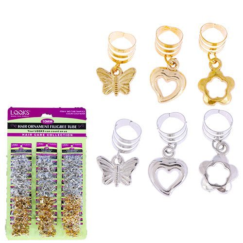 HAIR ORNAMENT FILIGREE TUBE SHAPES GOLD/SILVER 10MM