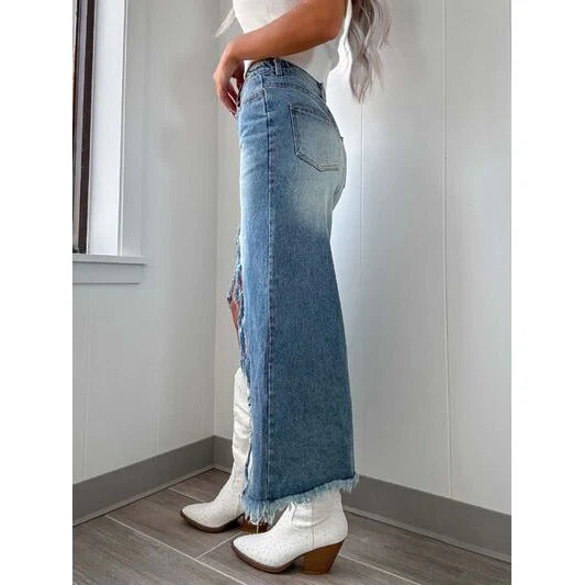 High-Waist Raw Hem Asymmetry Denim Skirt - Image 3