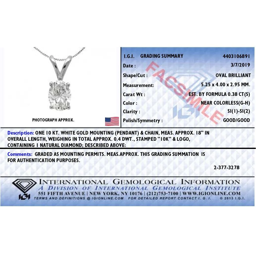 IGI Certified 10K White Gold 3/8 cttw Prong Set Diamond Oval Pendant Necklace (I-J Color, I1 Clarity) - Size 18" - Image 3