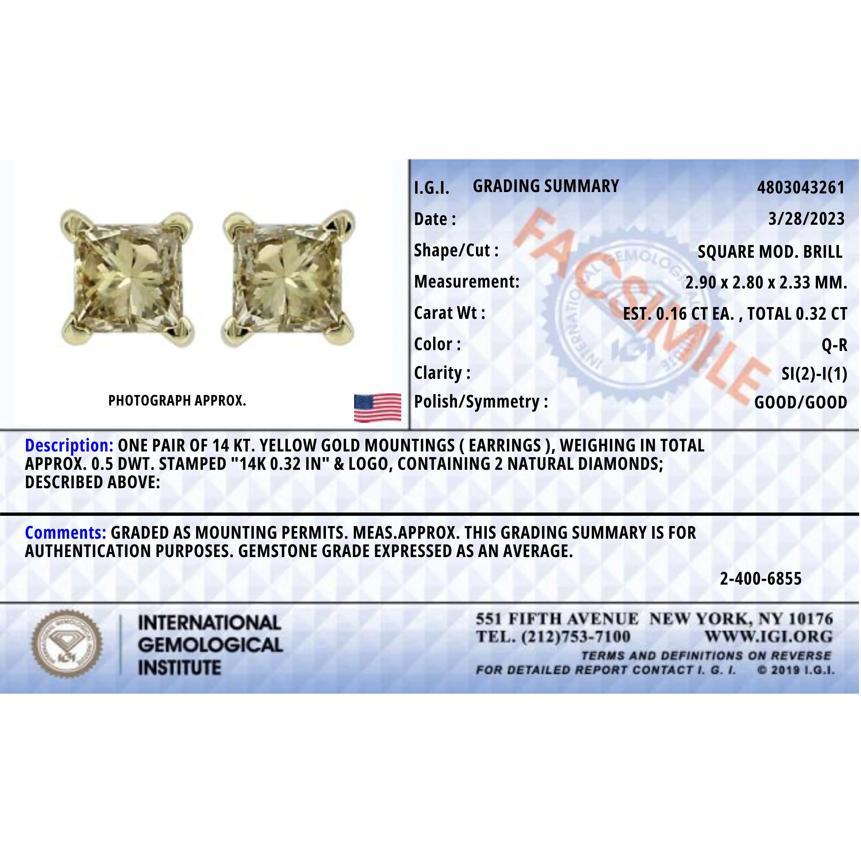 IGI Certified 14k Yellow Gold 1/3 Cttw 4-Prong Set Princess-Cut Solitaire Diamond Push Back Stud Earrings (Q-R Color, I1-I2 Clarity) - Image 10