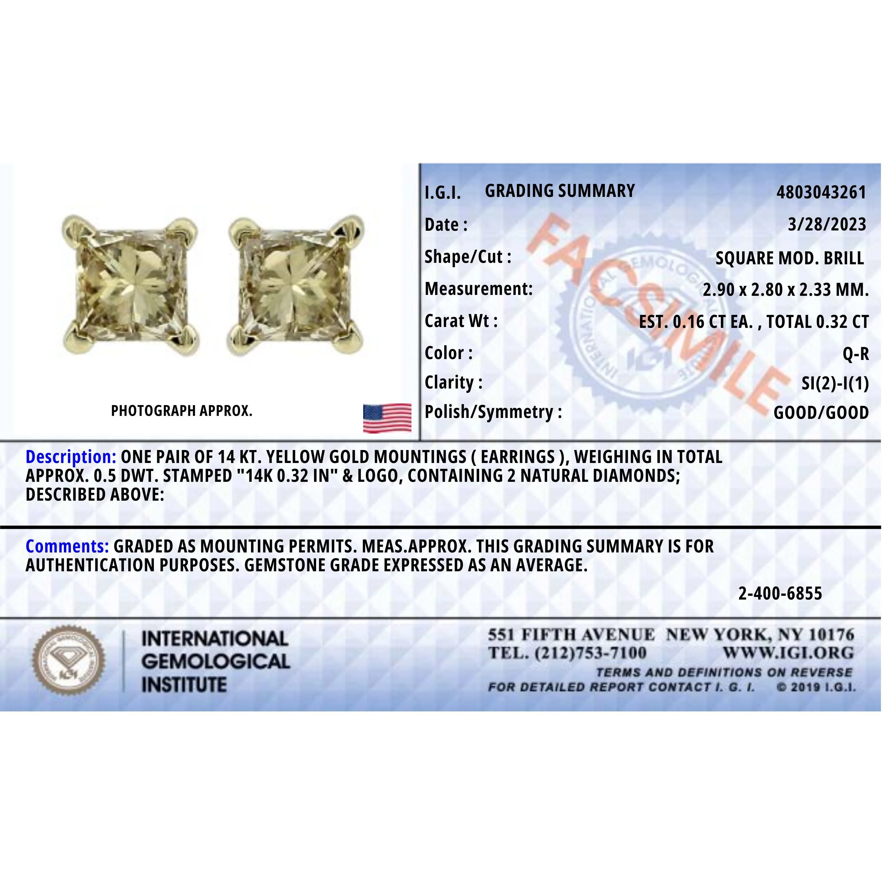 IGI Certified 14k Yellow Gold 1/3 Cttw 4-Prong Set Princess-Cut Solitaire Diamond Push Back Stud Earrings (Q-R Color, I1-I2 Clarity) - Image 5