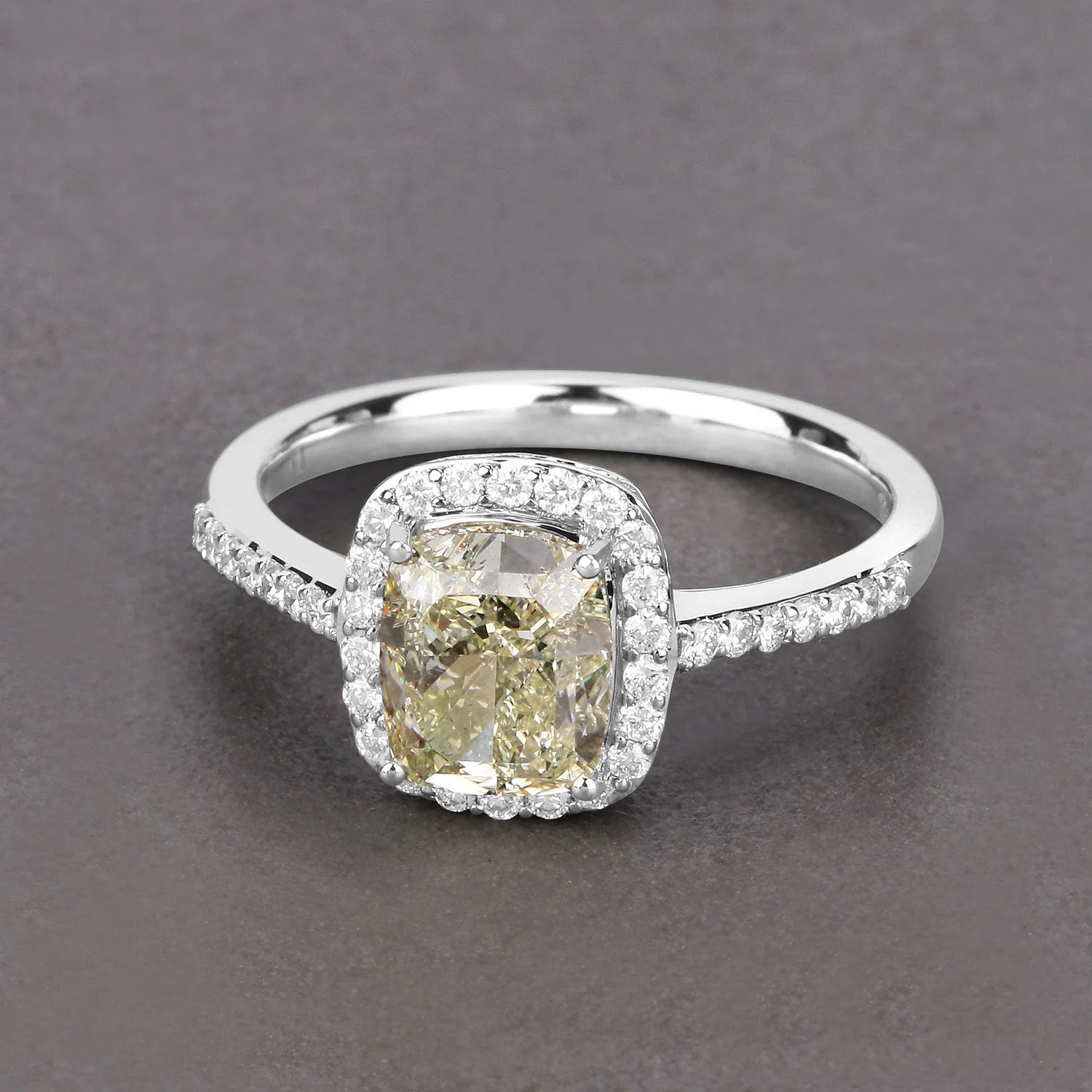 IGI Certified 2.05 Carat Genuine Light Yellow Diamond Center and 0.29cttw White Diamond 18K White Gold Ring (2.34cttw) - Image 4