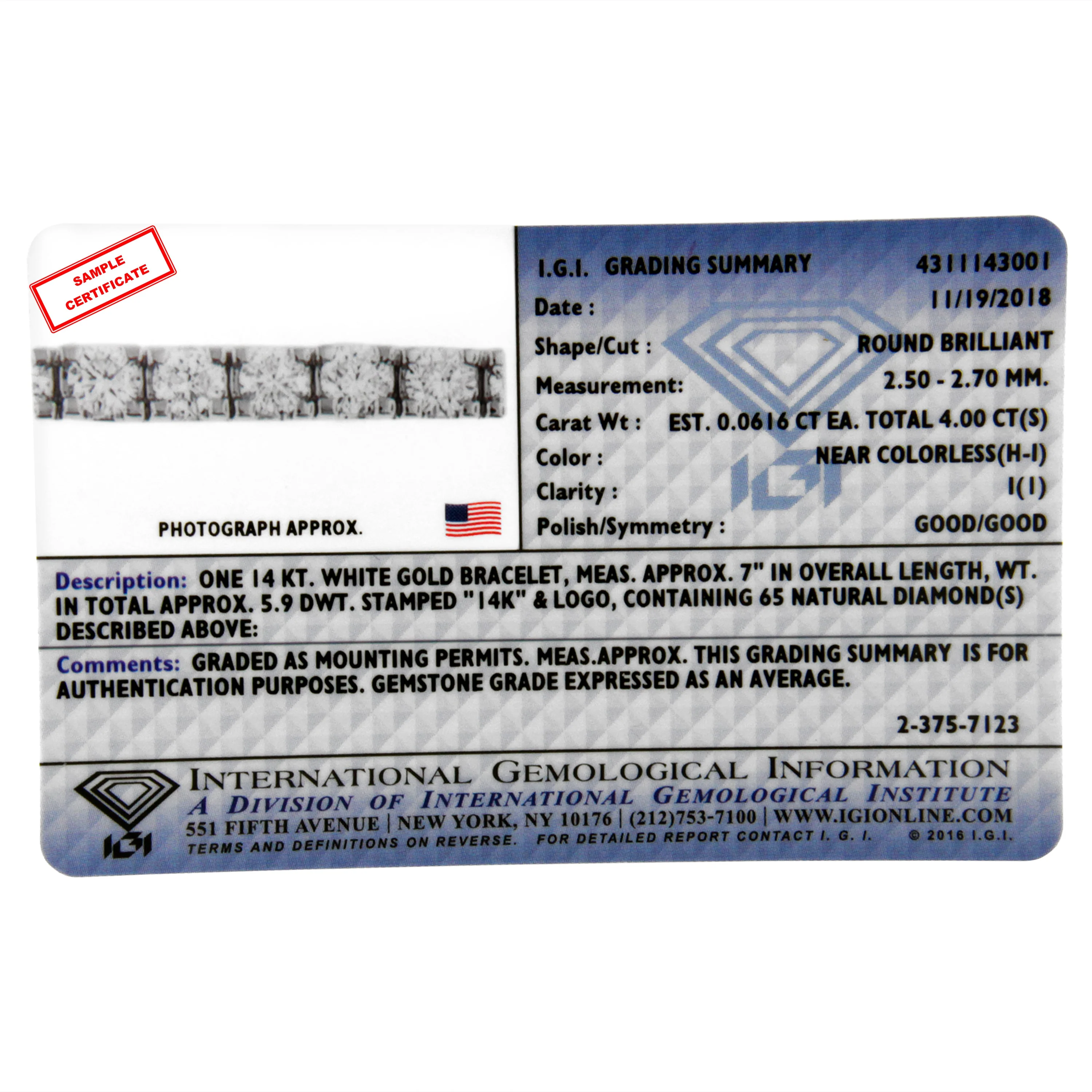IGI Certified 5.0 Cttw Cut Diamond 14K White Gold Classic 7â€ Tennis Bracelet (H-I Color, I1-I2 Clarity) - Image 6
