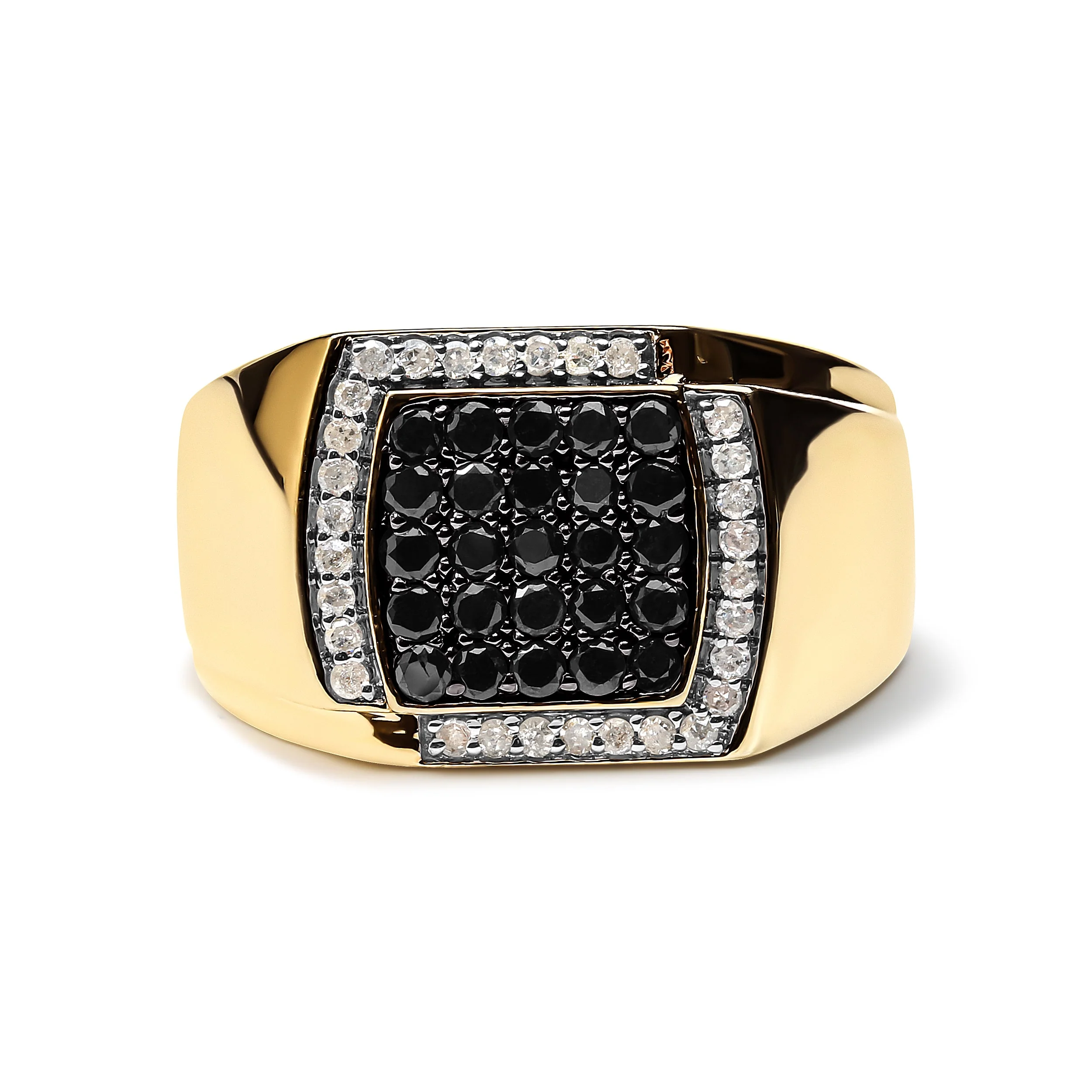 Men's 10K Yellow Gold 1.00 Cttw Cushion Cluster Black and White Diamond Statement Ring (I-J Color, I2-I3 Clarity) - Ring Size 10.5