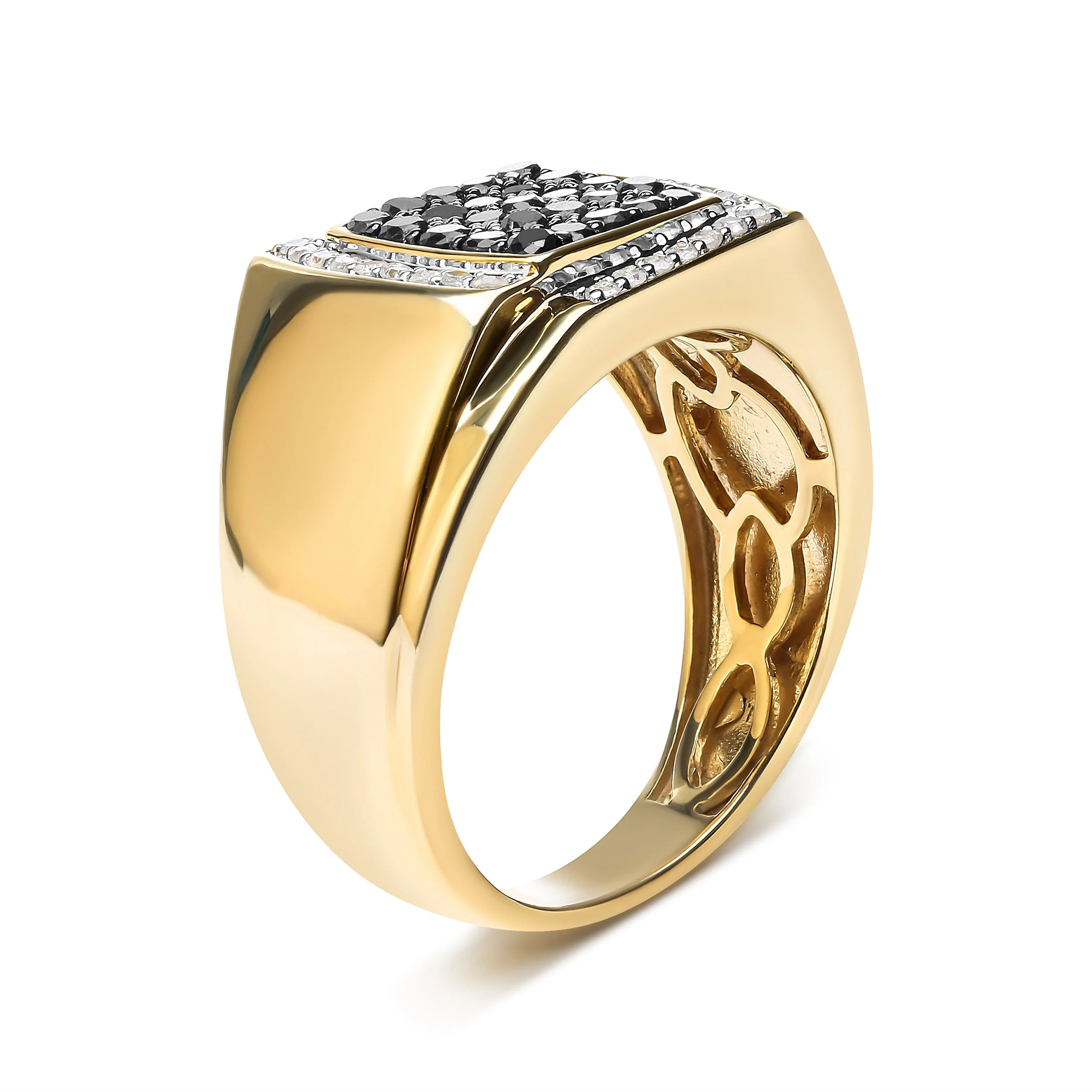 Men's 10K Yellow Gold 1.00 Cttw Cushion Cluster Black and White Diamond Statement Ring (I-J Color, I2-I3 Clarity) - Ring Size 10.5 - Image 3
