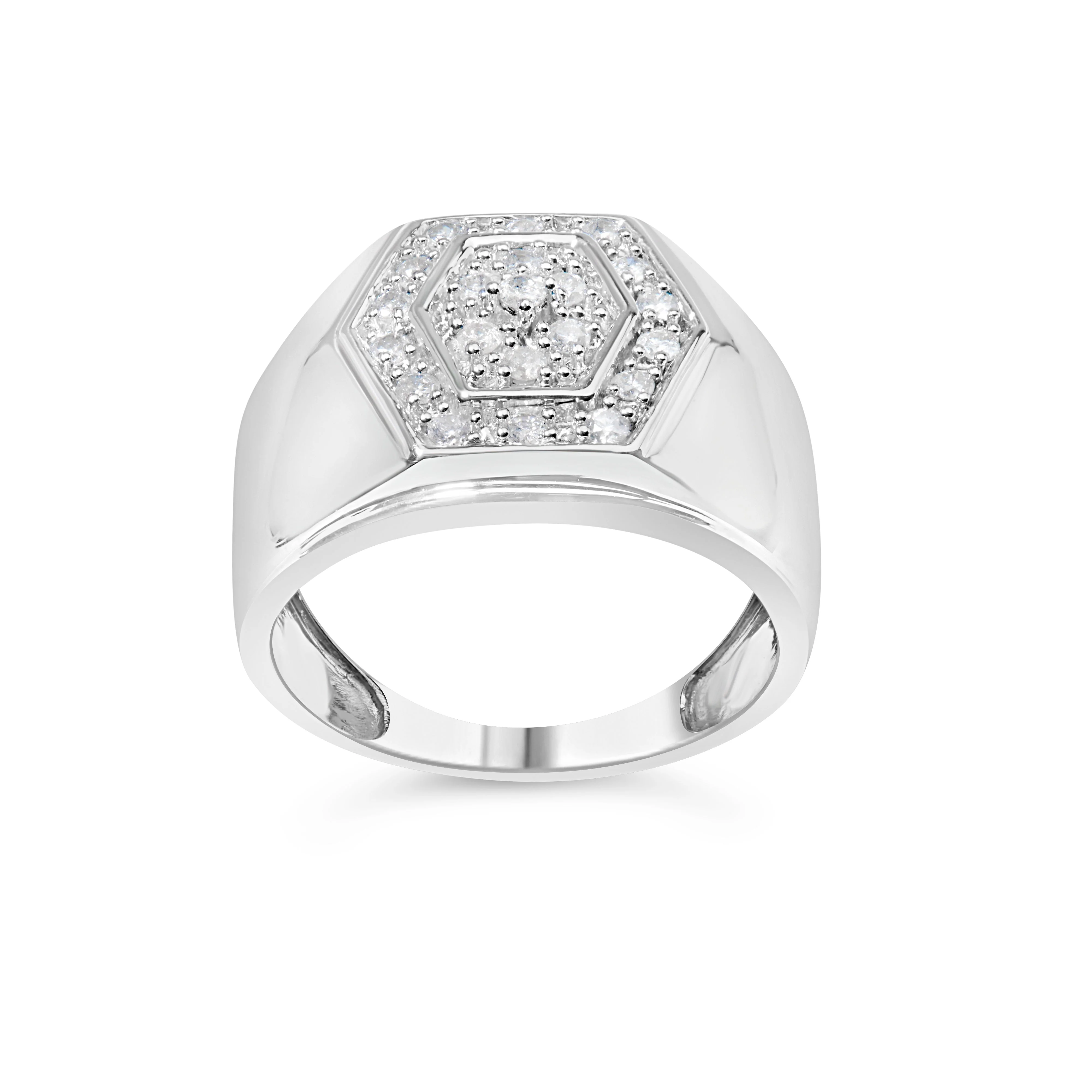 Men's .925 Sterling Silver 1/2 Cttw Multi-Diamond Hexagon Frame Ring (I-J Color, I3 Clarity) - Ring Size 10 - Image 2