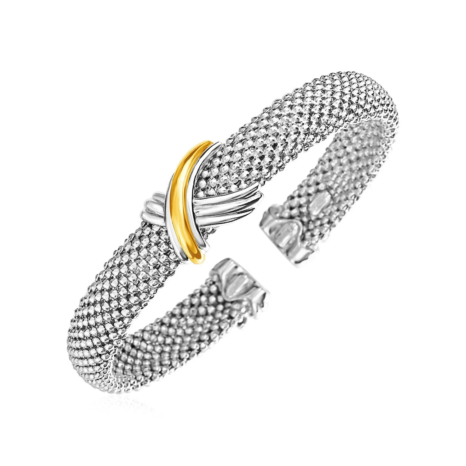 Popcorn Texture Cuff Bangle with X Motif in Sterling Silver and 18k Yellow Gold - Image 2