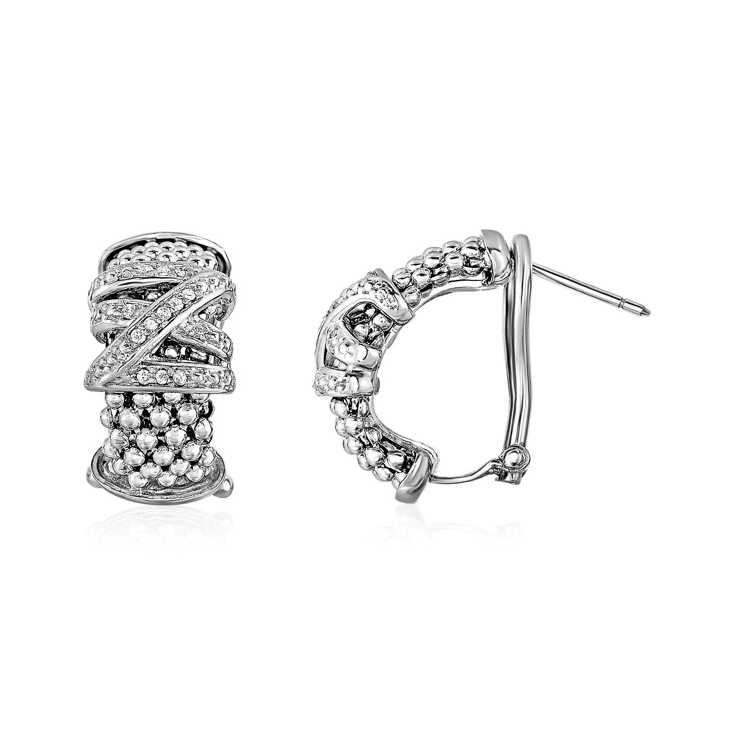 Popcorn Texture Earrings with Crossover Motif and Diamonds in Sterling Silver - Image 2