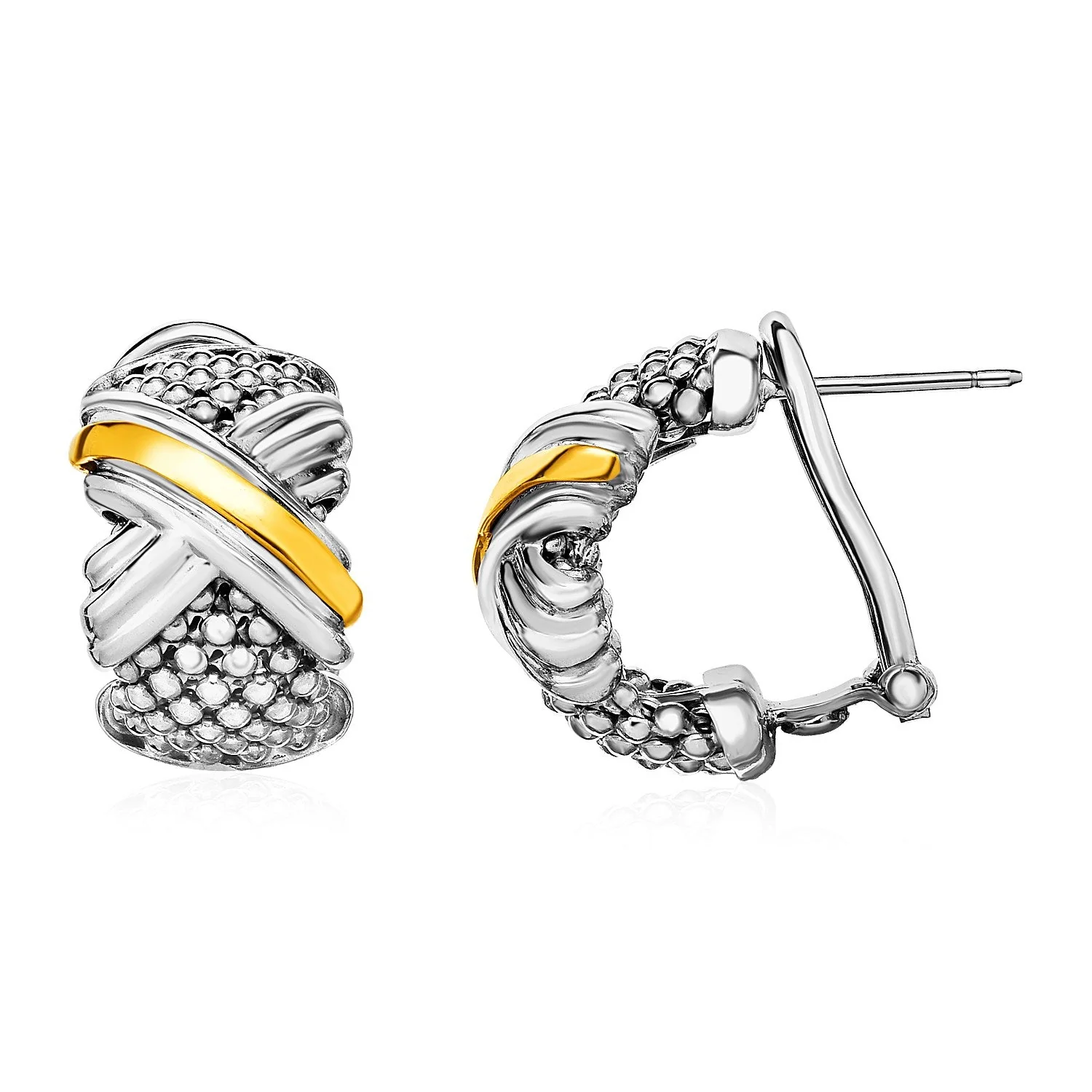 Popcorn Texture Earrings with X Motif in Sterling Silver and 18k Yellow Gold - Image 2