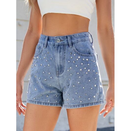 Rhinestone Washed High Waist Denim Shorts - Image 10