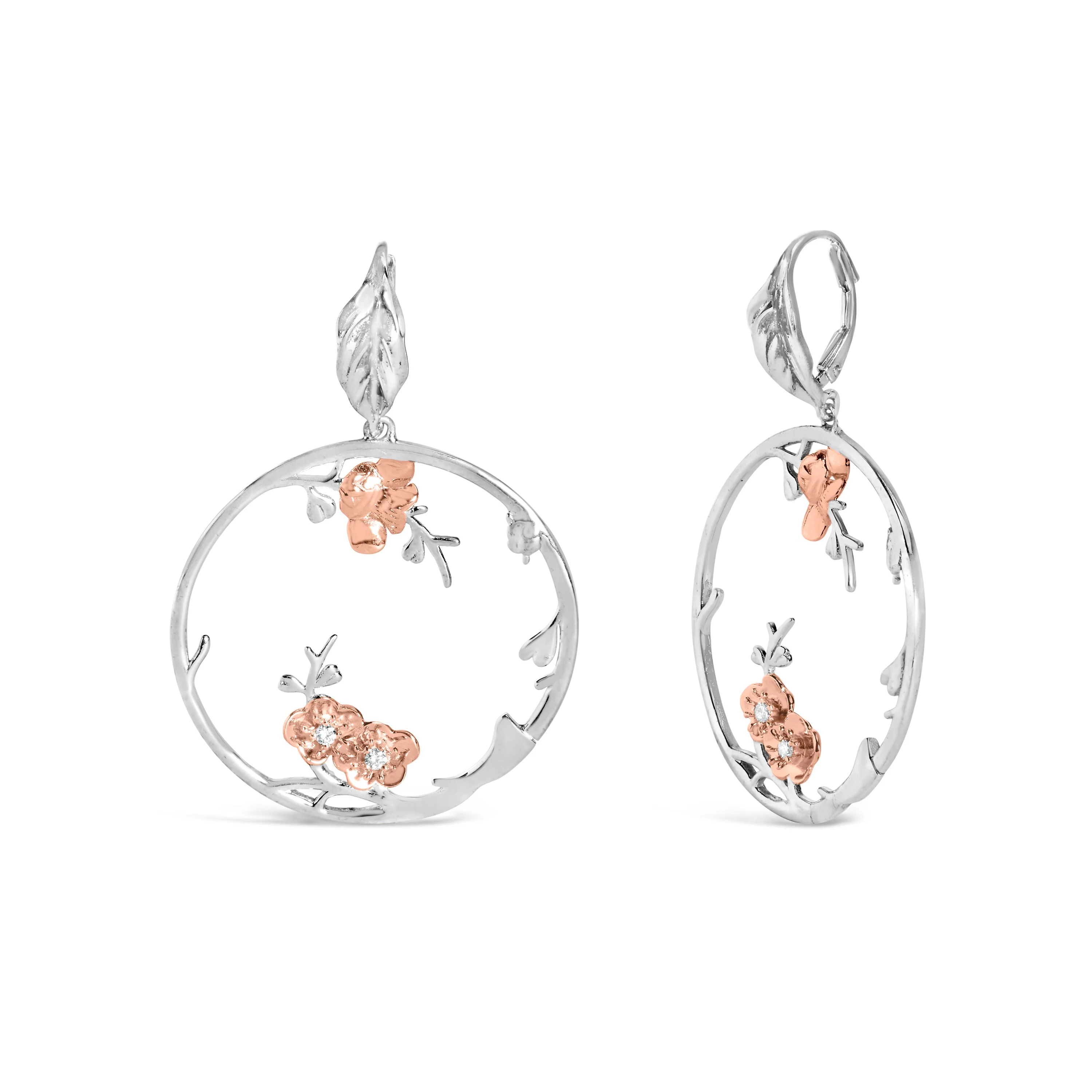 Rose Gold Plated .925 Sterling Silver 1/10 Cttw Diamond Floral Hoop Earrings (I-J Color, SI1-SI2 Clarity) - Image 2