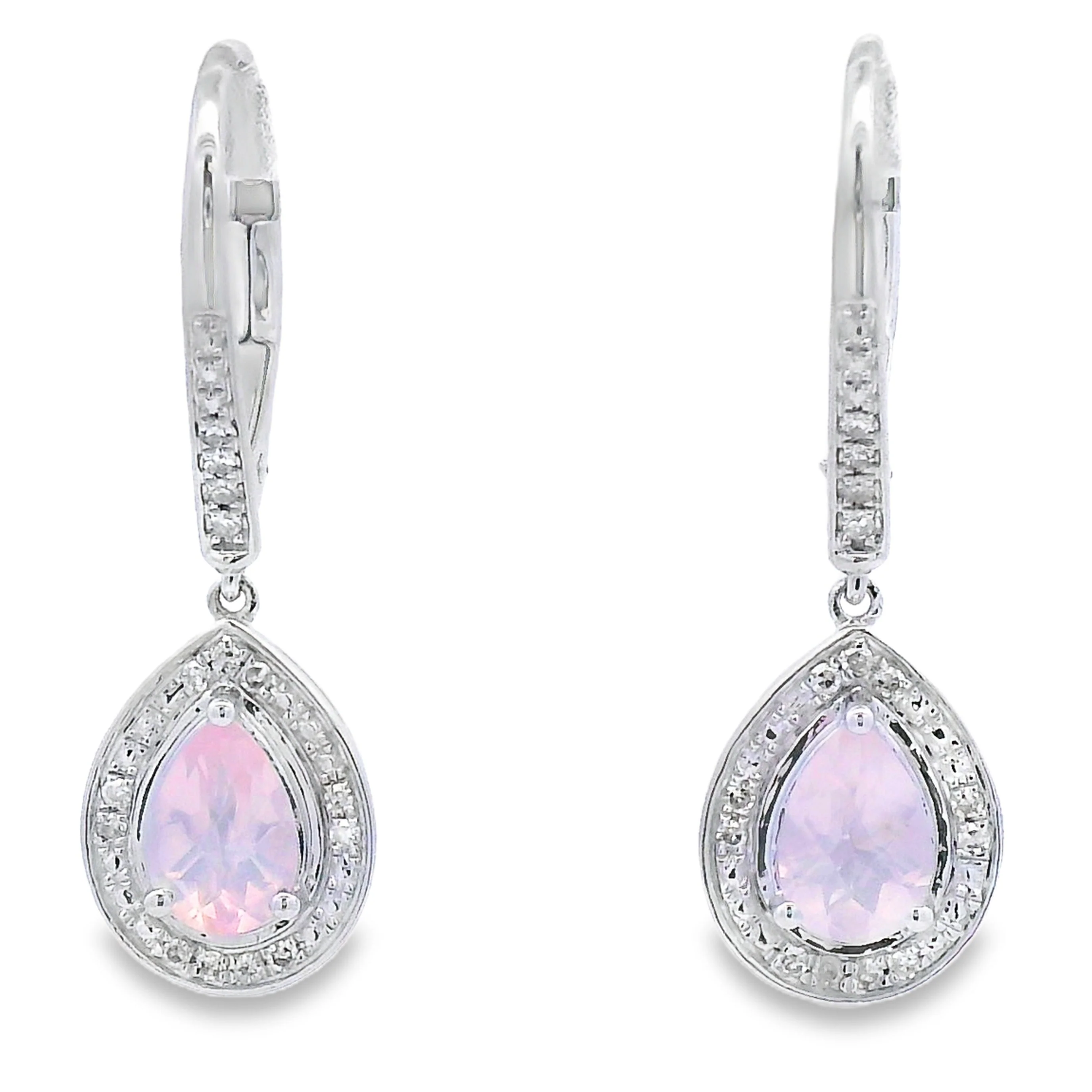 Rose Quartz Diamond Dangle Earrings 10KT White Gold