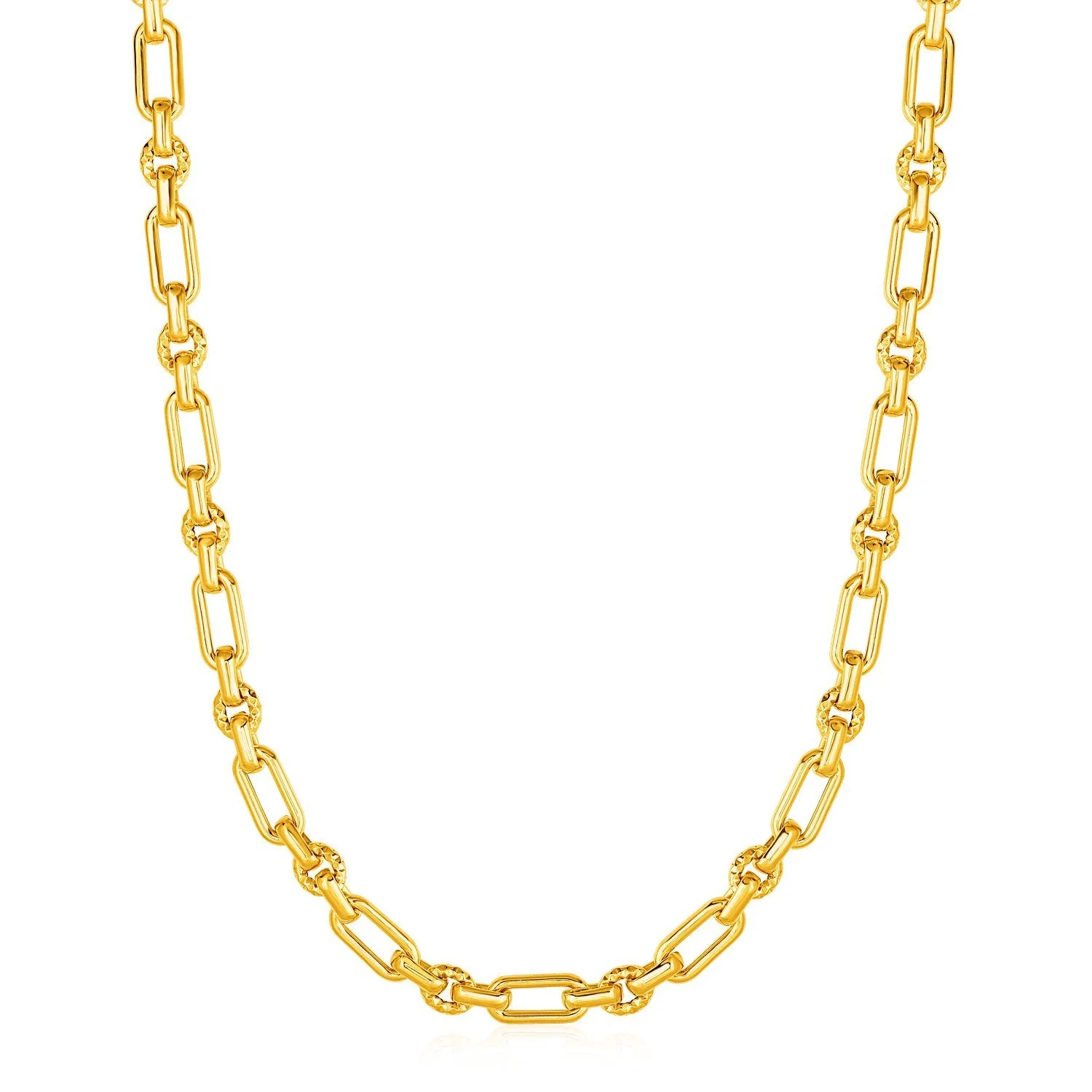 Rounded Rectangular Link Necklace with Textured Round Links in 14k Yellow Gold - Image 3