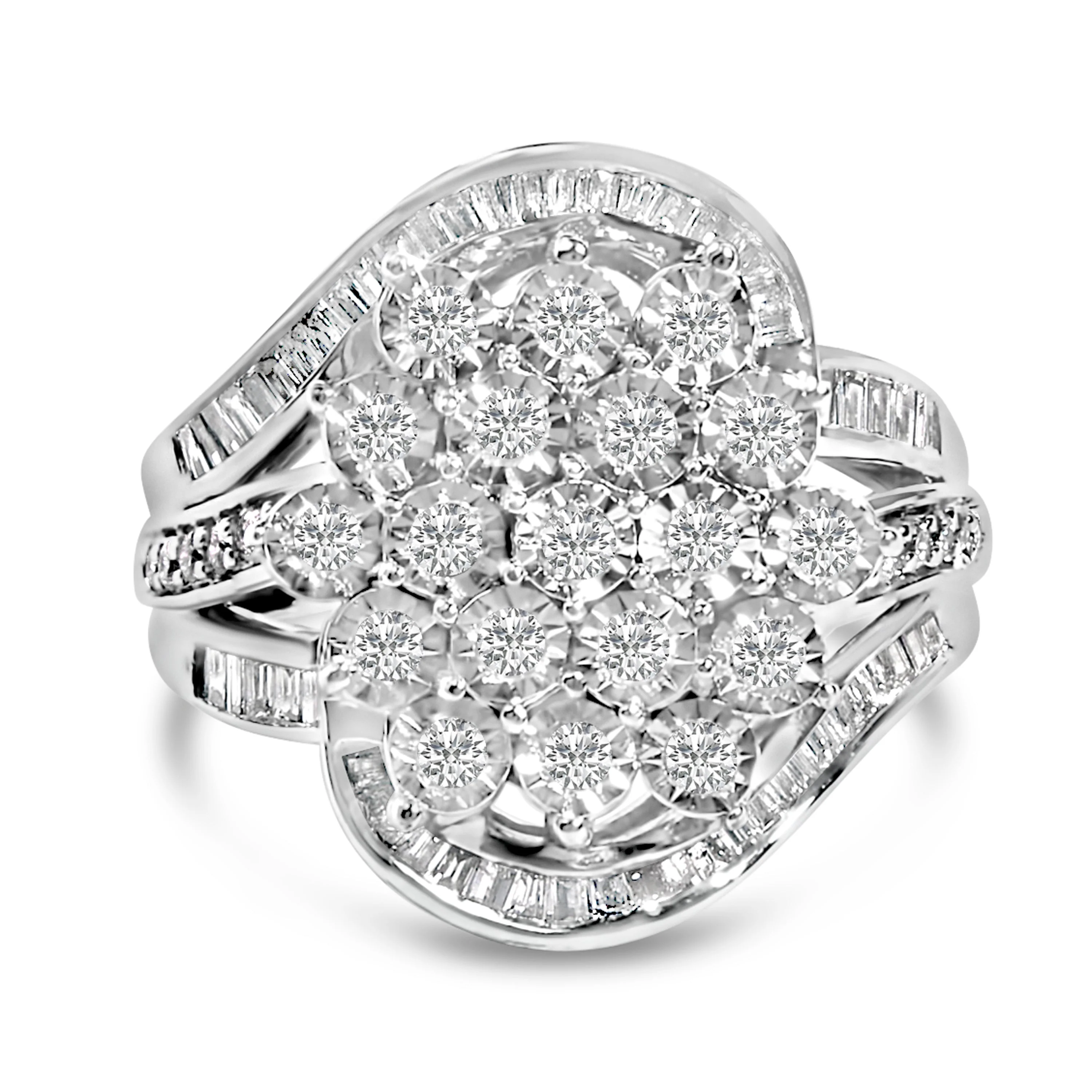 Sterling Silver 1.0 Cttw Diamond Swirl Cluster Cocktail Ring