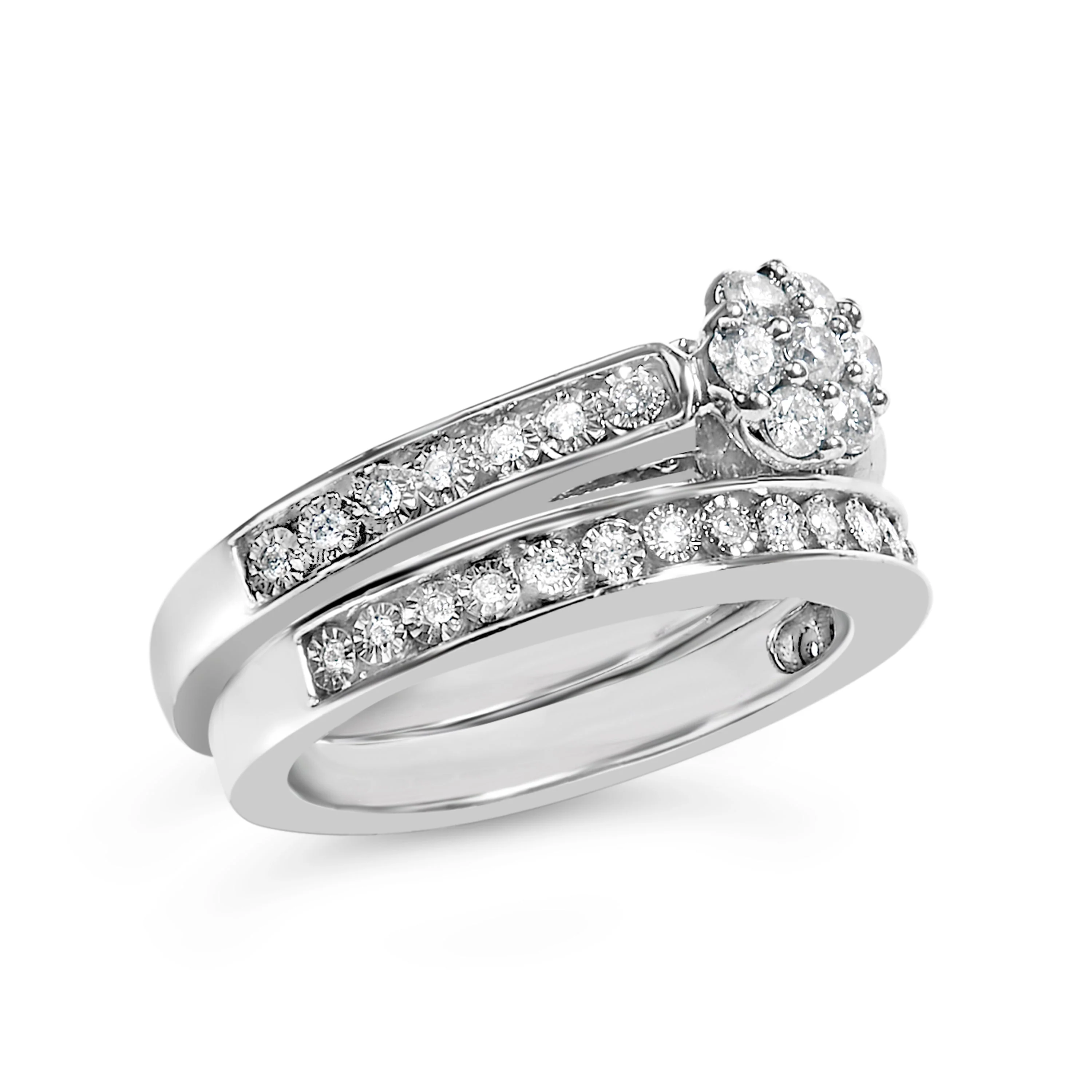 Sterling Silver 1/2 Cttw Diamond Cluster Flower Bridal Set - Image 3