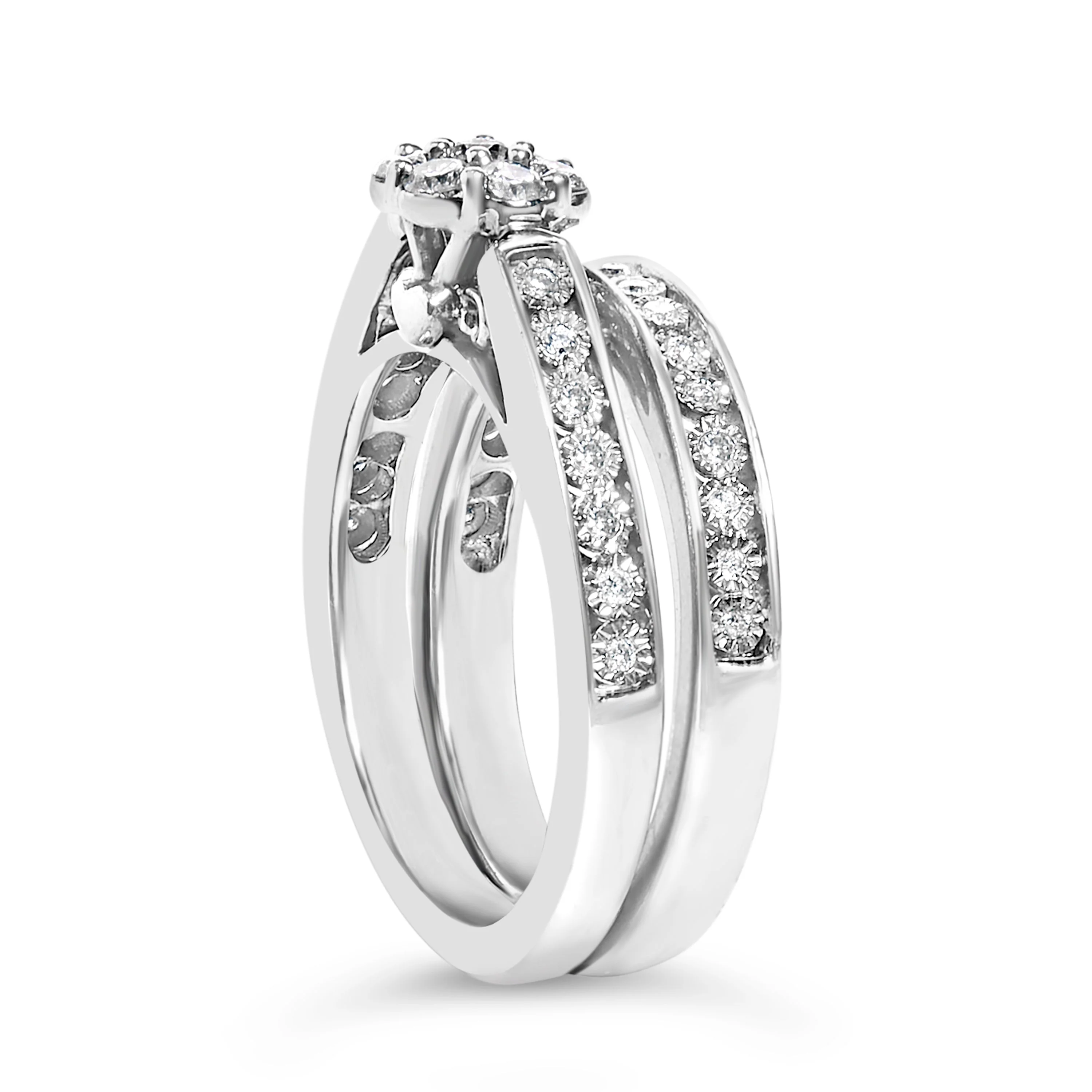 Sterling Silver 1/2 Cttw Diamond Cluster Flower Bridal Set - Image 4