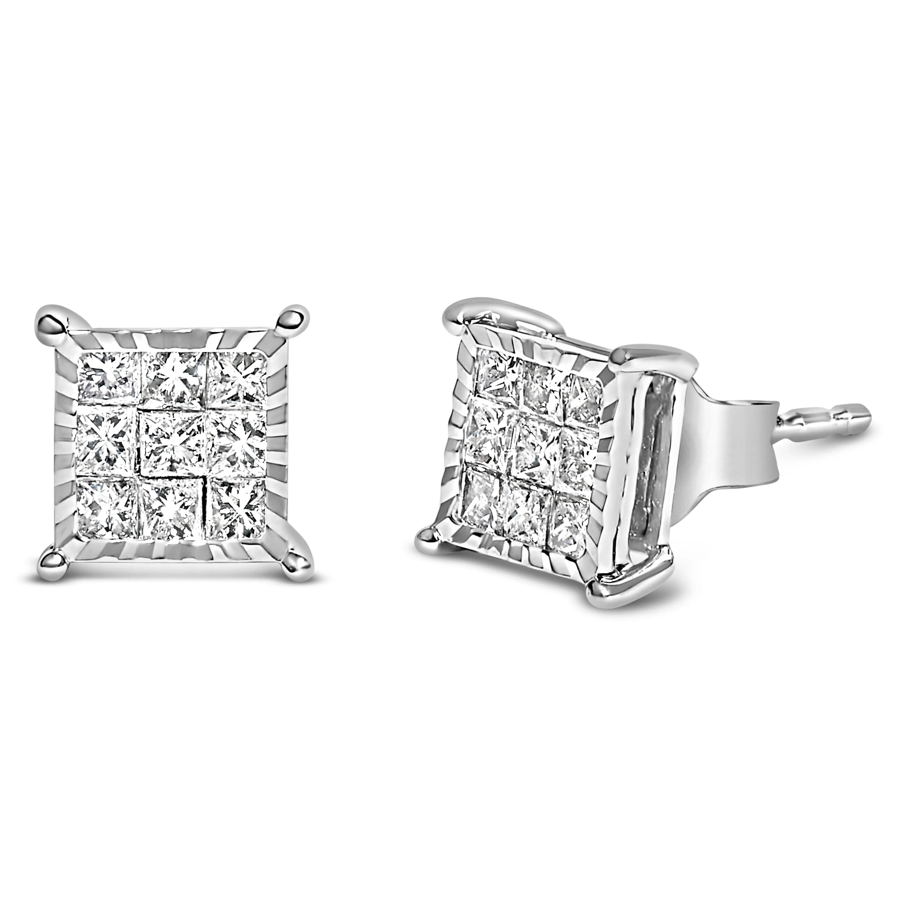 Sterling Silver 1/2 Cttw Princess Diamond Composite Square Stud Earrings - Image 2