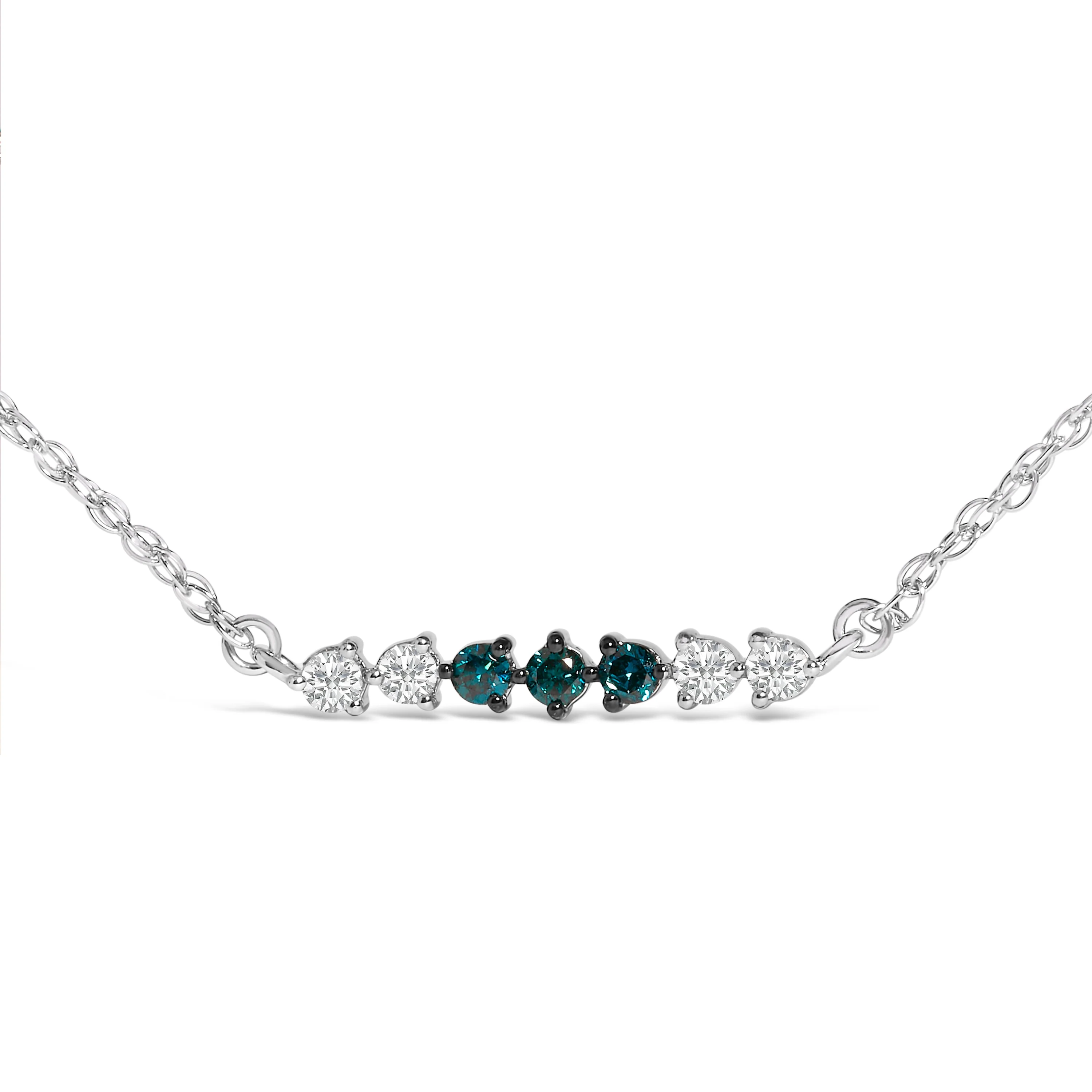 Sterling Silver 1/5 Cttw White and Blue Diamond 6 Stone Bar Necklace - Image 2