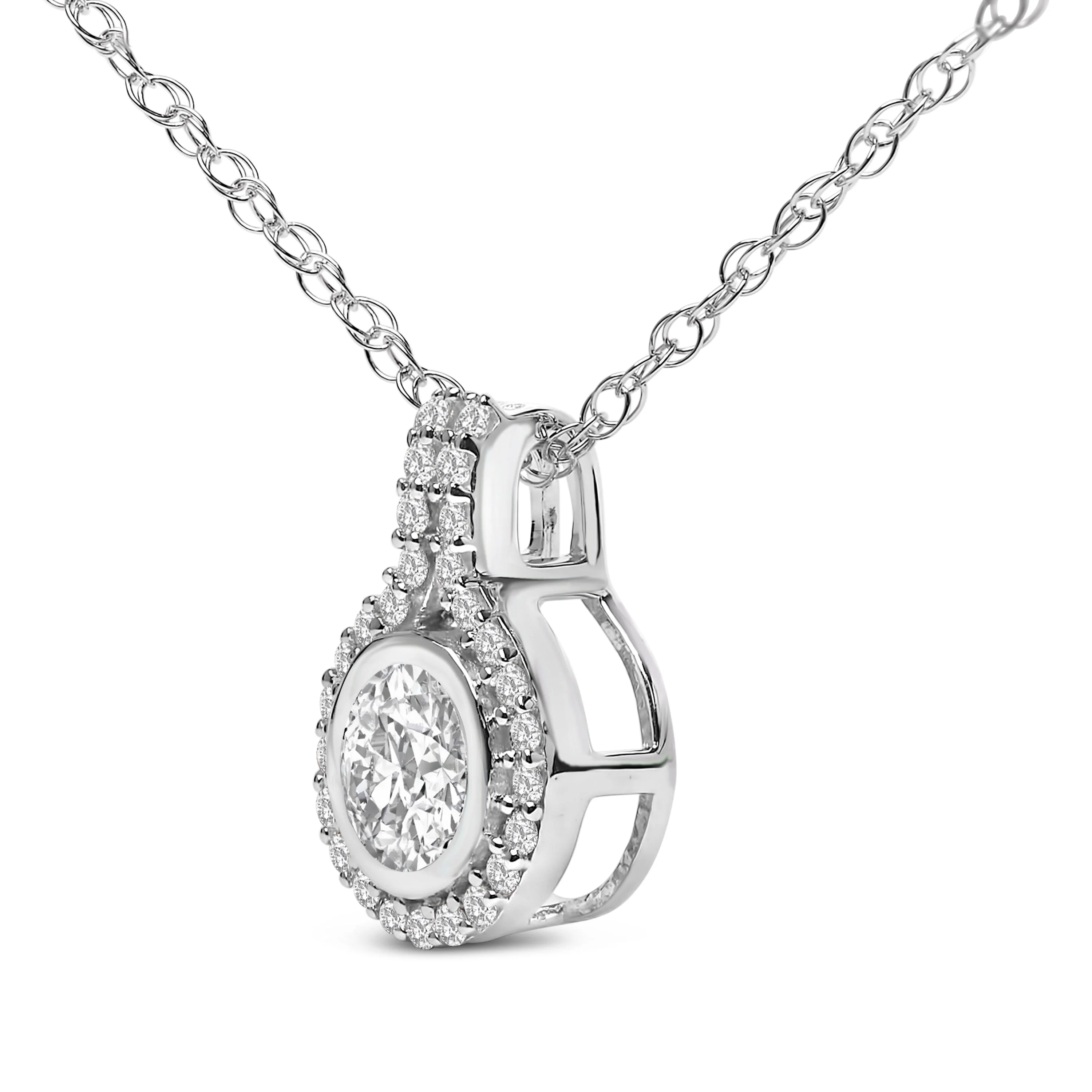 Sterling Silver 3/4 Cttw Lab Grown Diamond Halo Pendant Necklace - Image 3