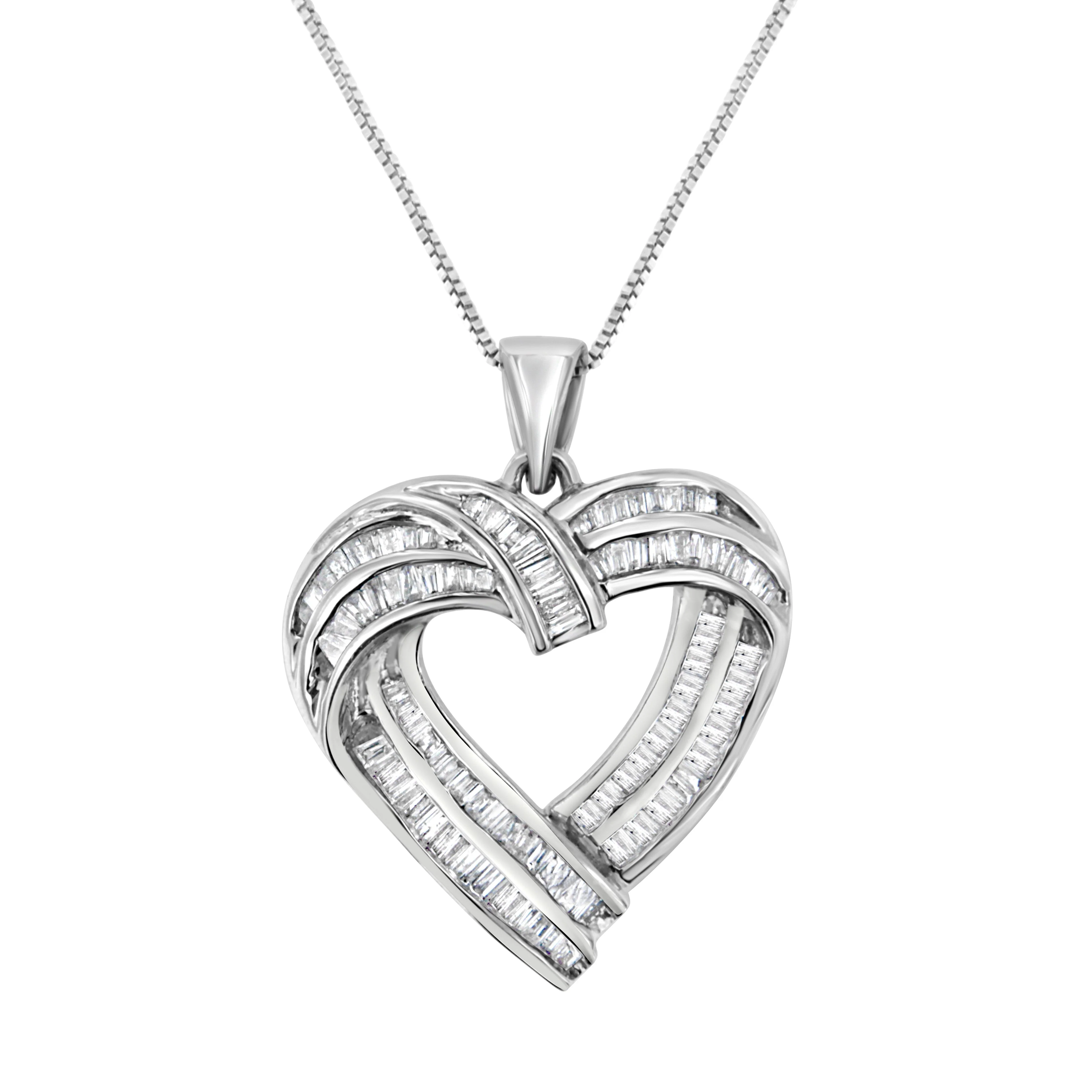 Sterling Silver 7/8 cttw Baguette Diamond Heart Pendant Necklace (I-J, I2-I3) - Image 5