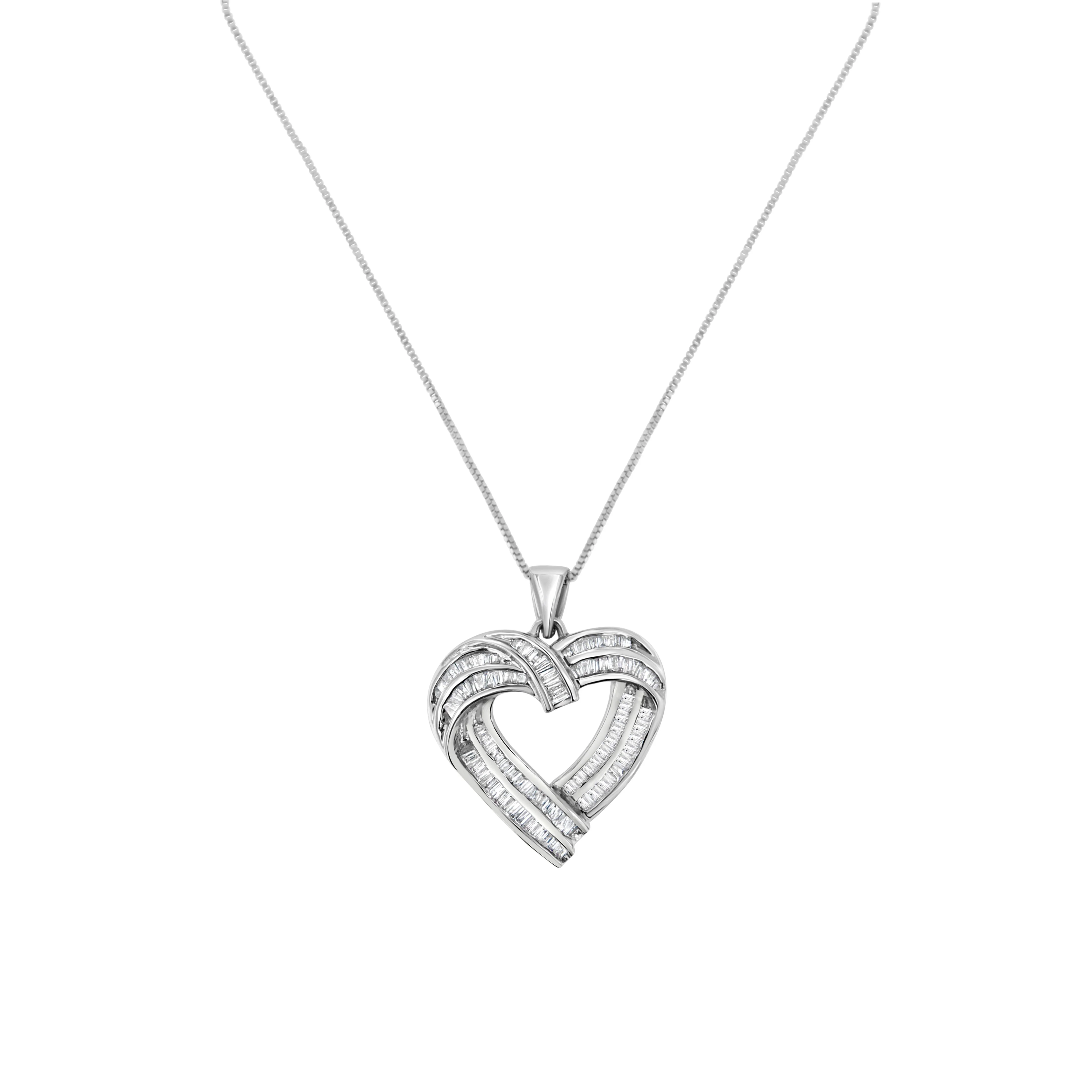 Sterling Silver 7/8 cttw Baguette Diamond Heart Pendant Necklace (I-J, I2-I3) - Image 6