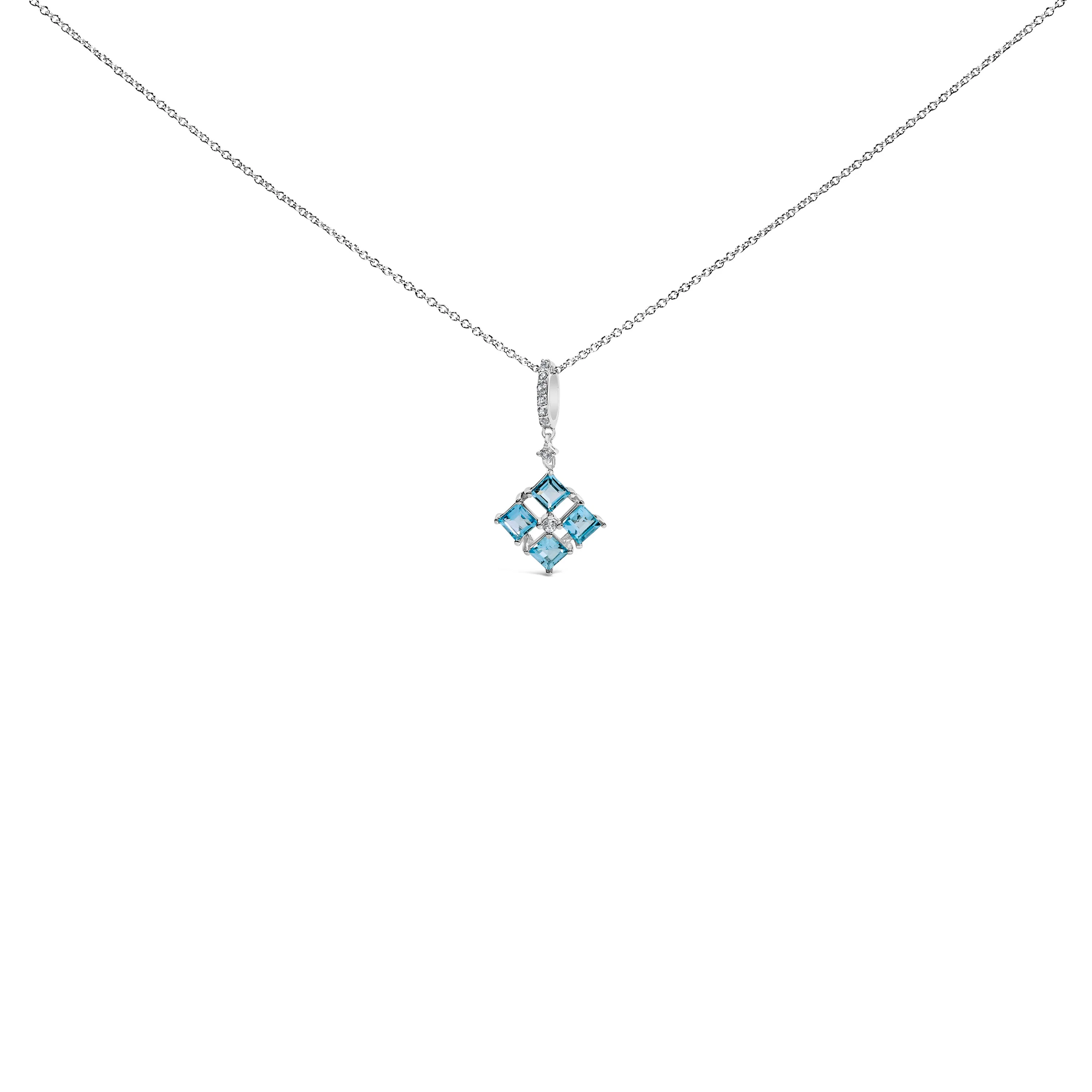 Sterling Silver Blue Topaz and White Sapphire Square Motif Pendant Necklace 18 Inch