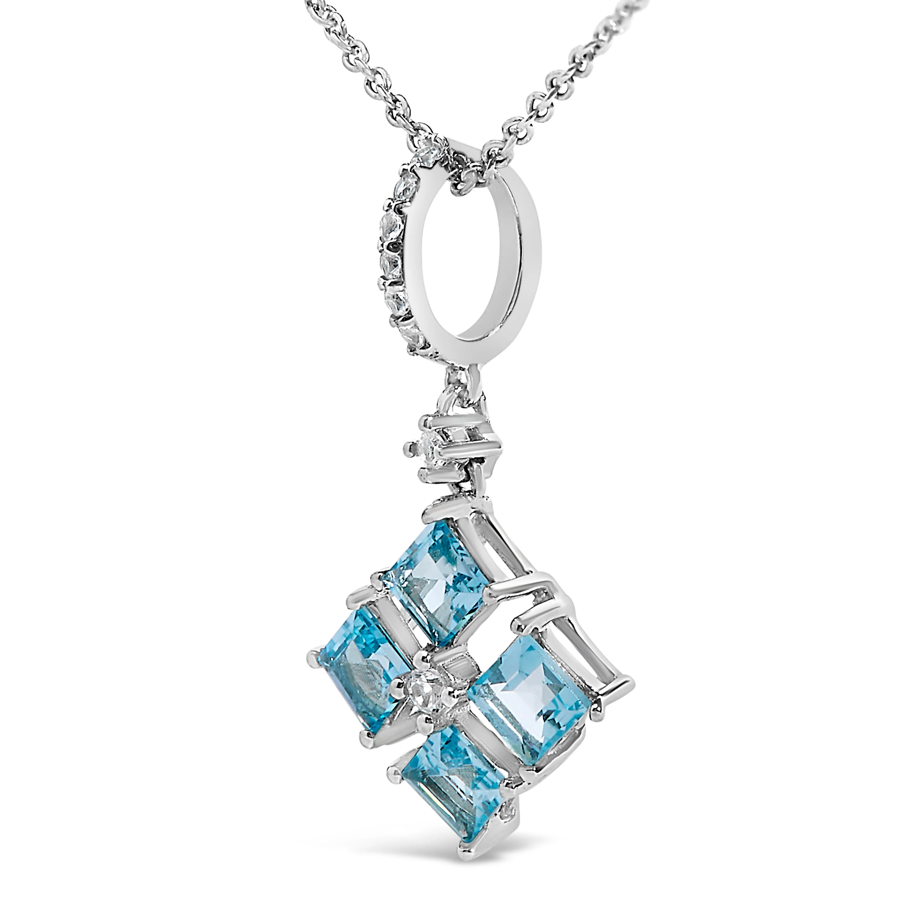Sterling Silver Blue Topaz and White Sapphire Square Motif Pendant Necklace 18 Inch - Image 3