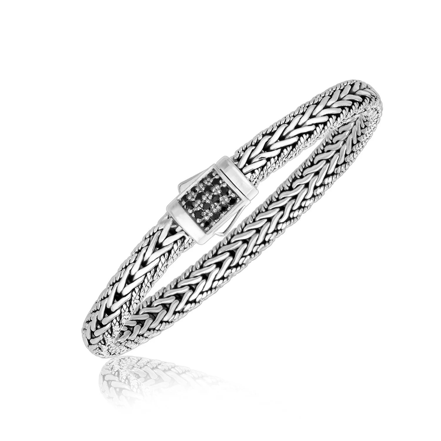 Sterling Silver Braided Style Men's Bracelet with Black Sapphire Accents - Image 2