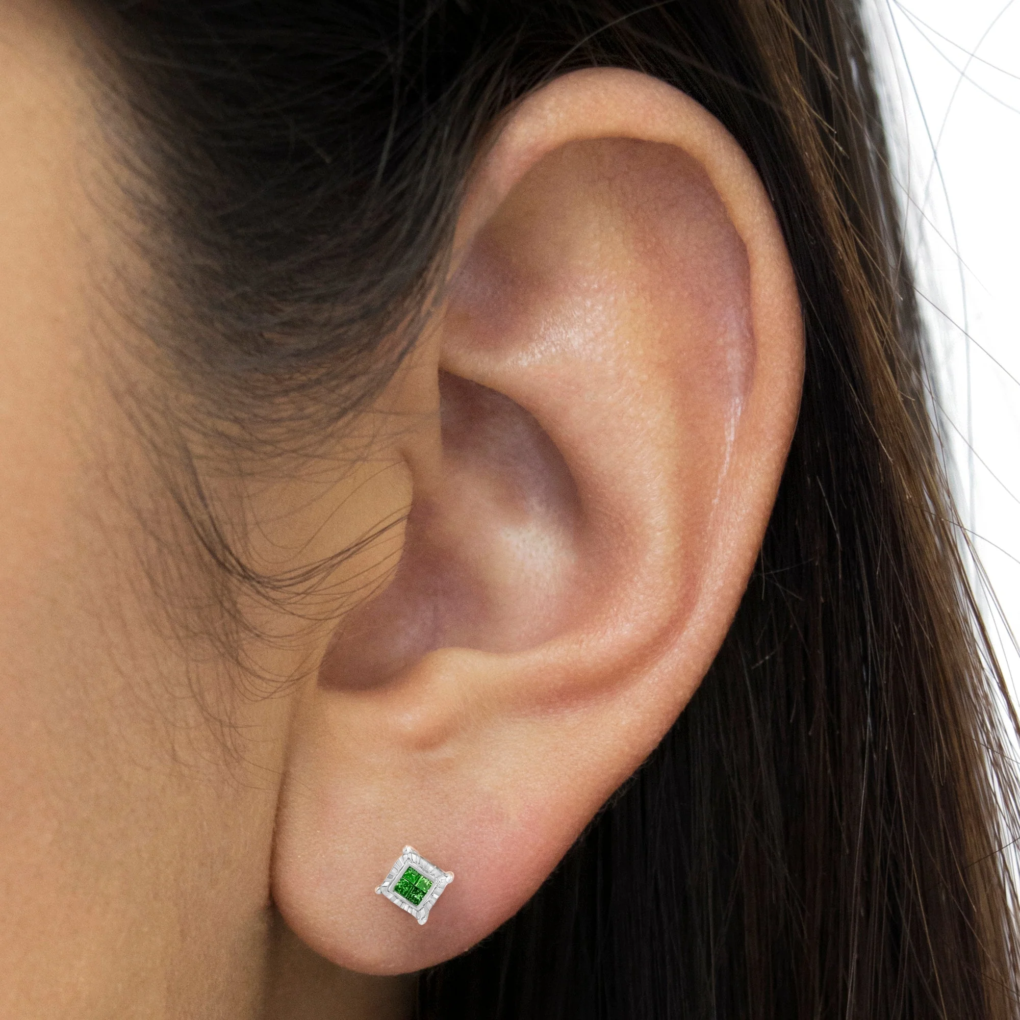 Sterling Silver Color Treated Princess Diamond Quad Stud Earring (1/2 cttw, Green Color, I1-I2 Clarity) - Image 10