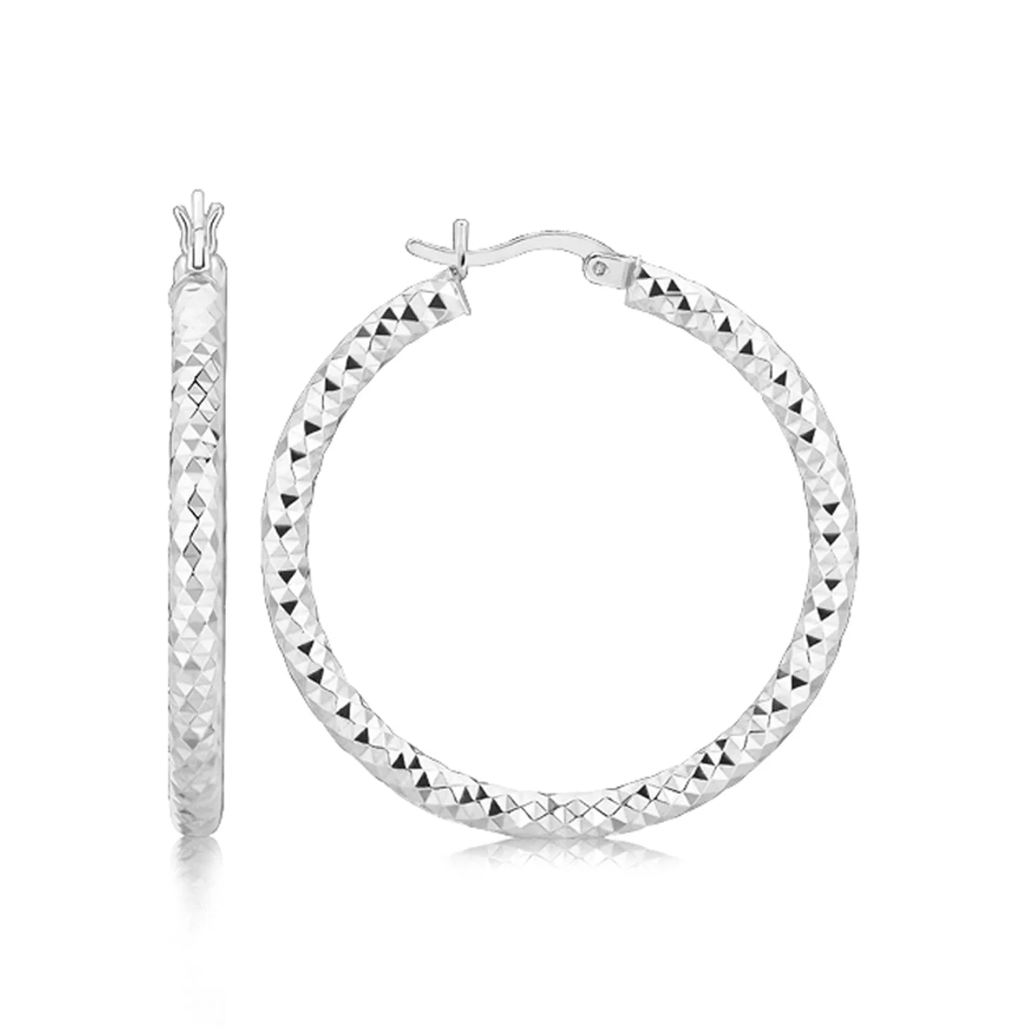 Sterling Silver Faceted Motif Large Hoop Earrings with Rhodium Plating - Image 2